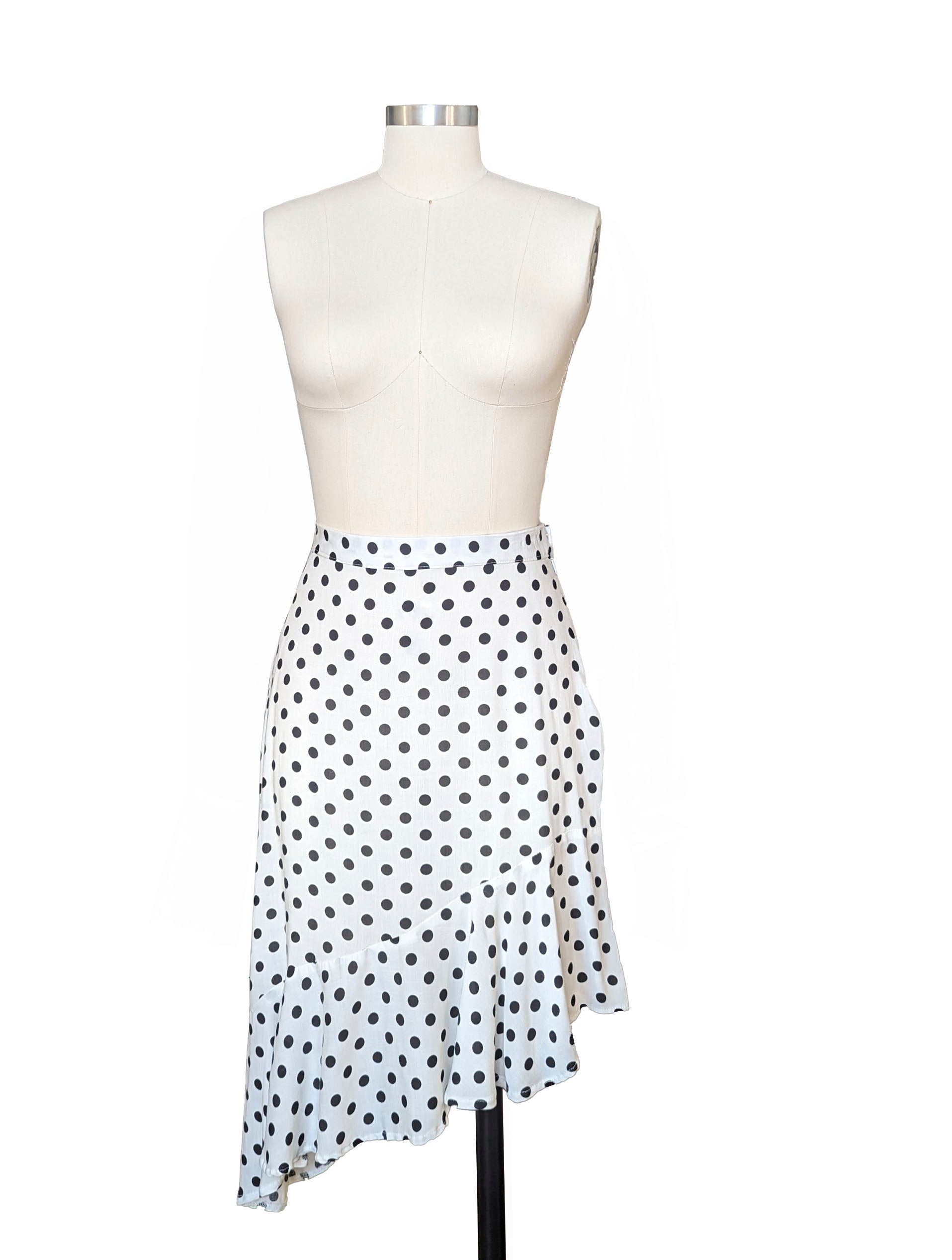 black and white polka dots asymmetrical skirt front