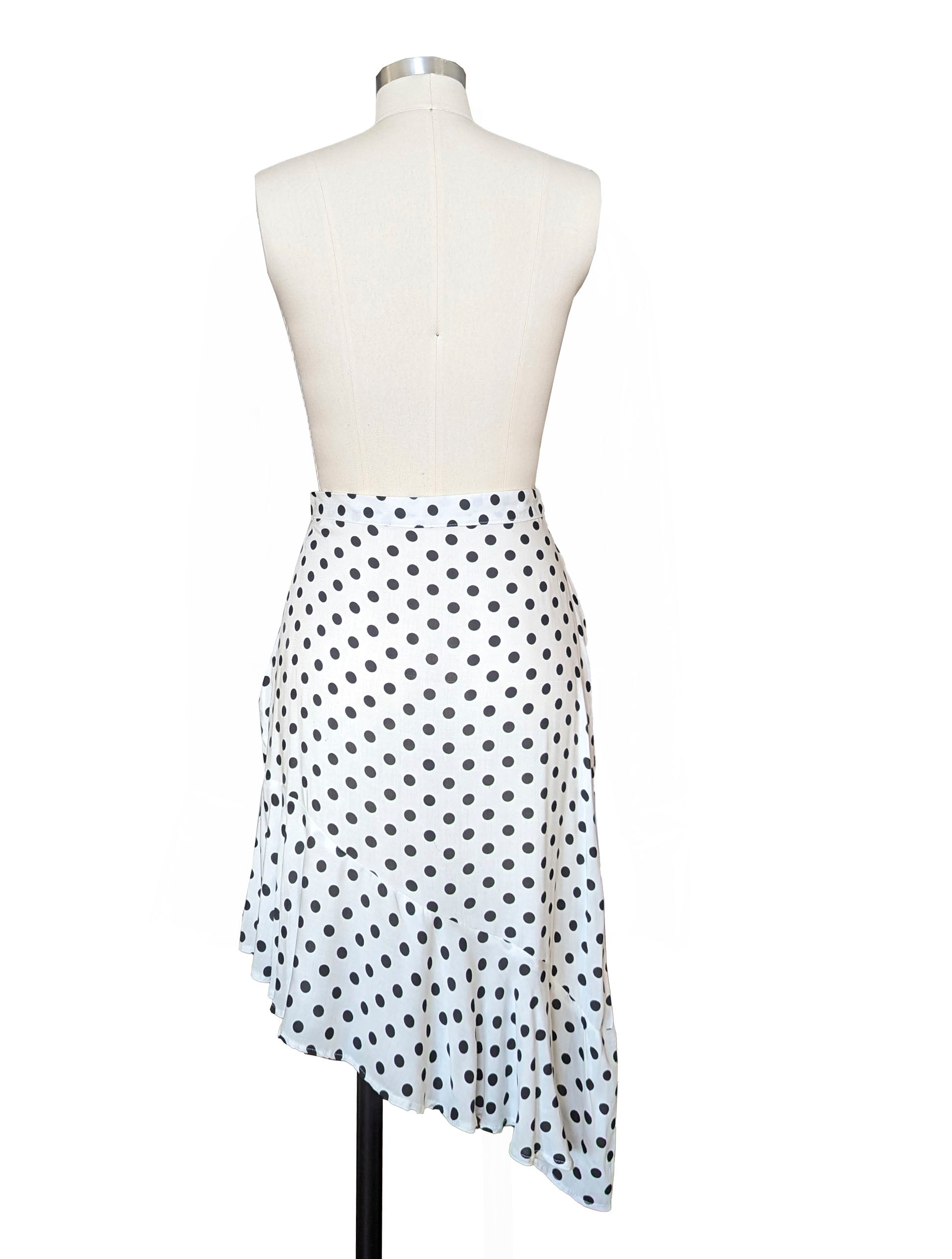 black and white polka dots asymmetrical skirt back