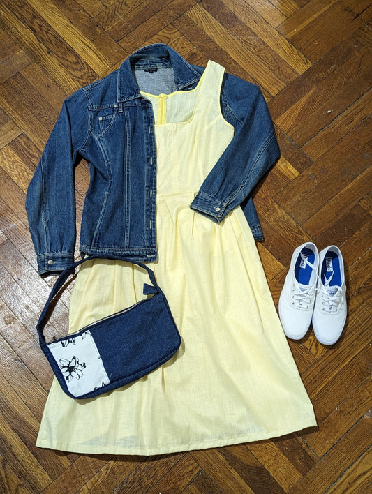 yellow midi dress style with denim jacket and white sneakers