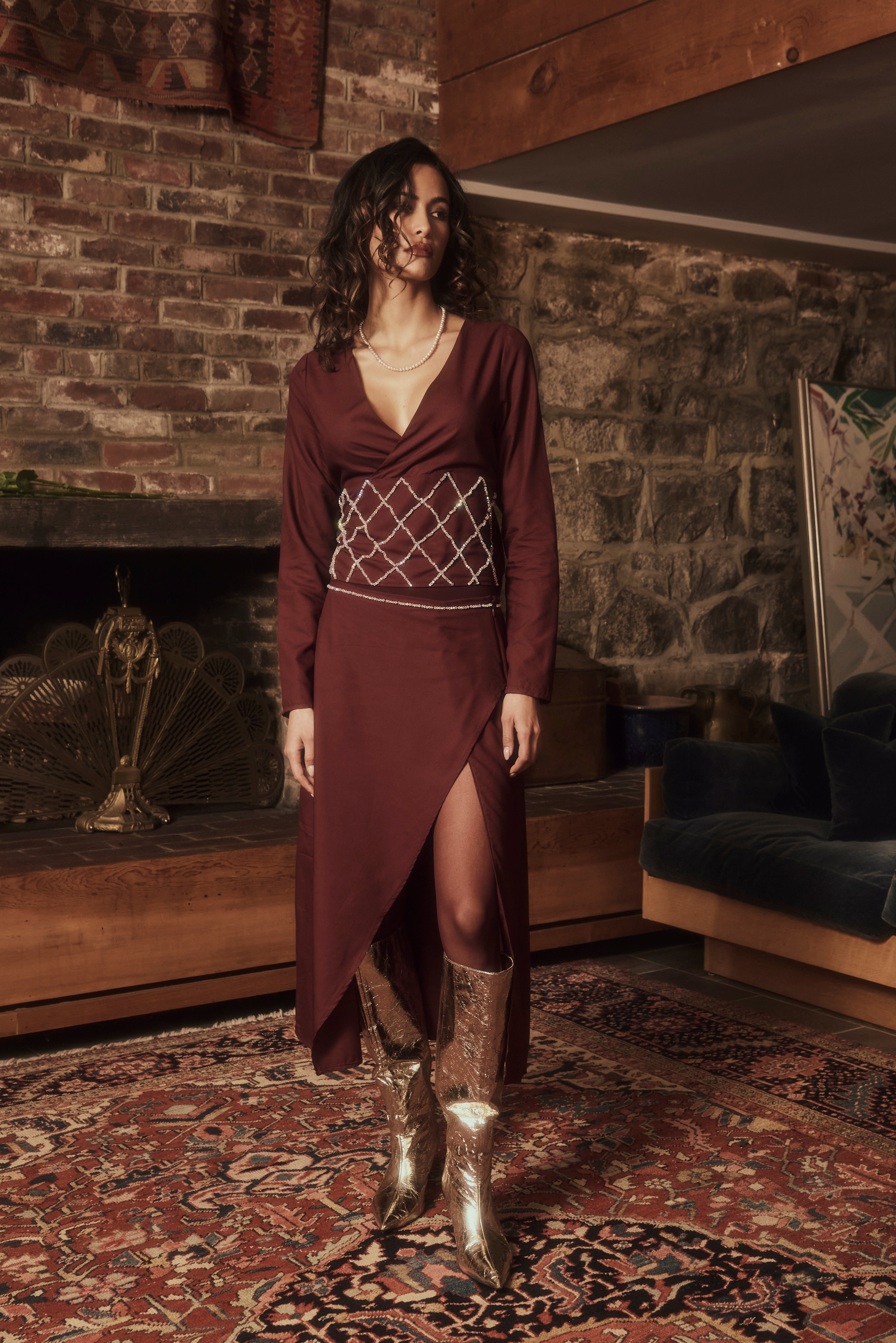 Wine Burgundy Sparkle Bow Long Sleeve Shirt