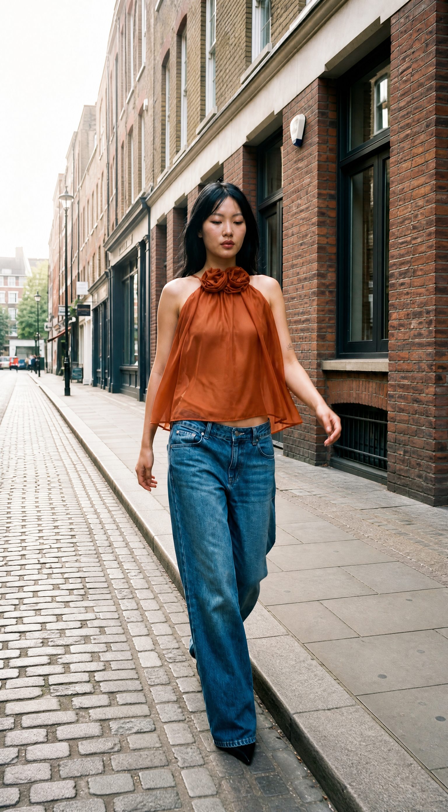 women wearing orange tank top with rosette and jeans in the street