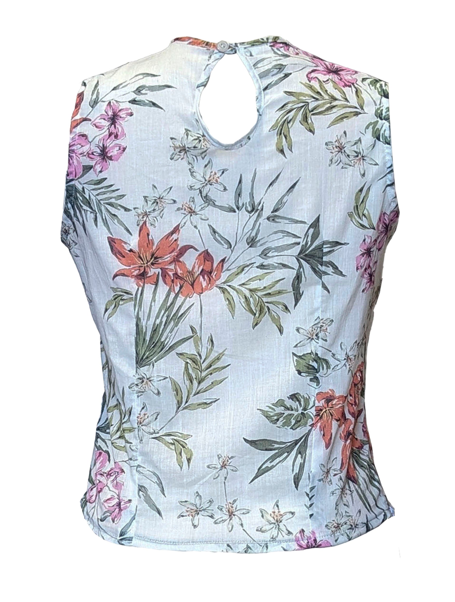 back view of a floral-patterned sleeveless top and cowl neckline  on a white background