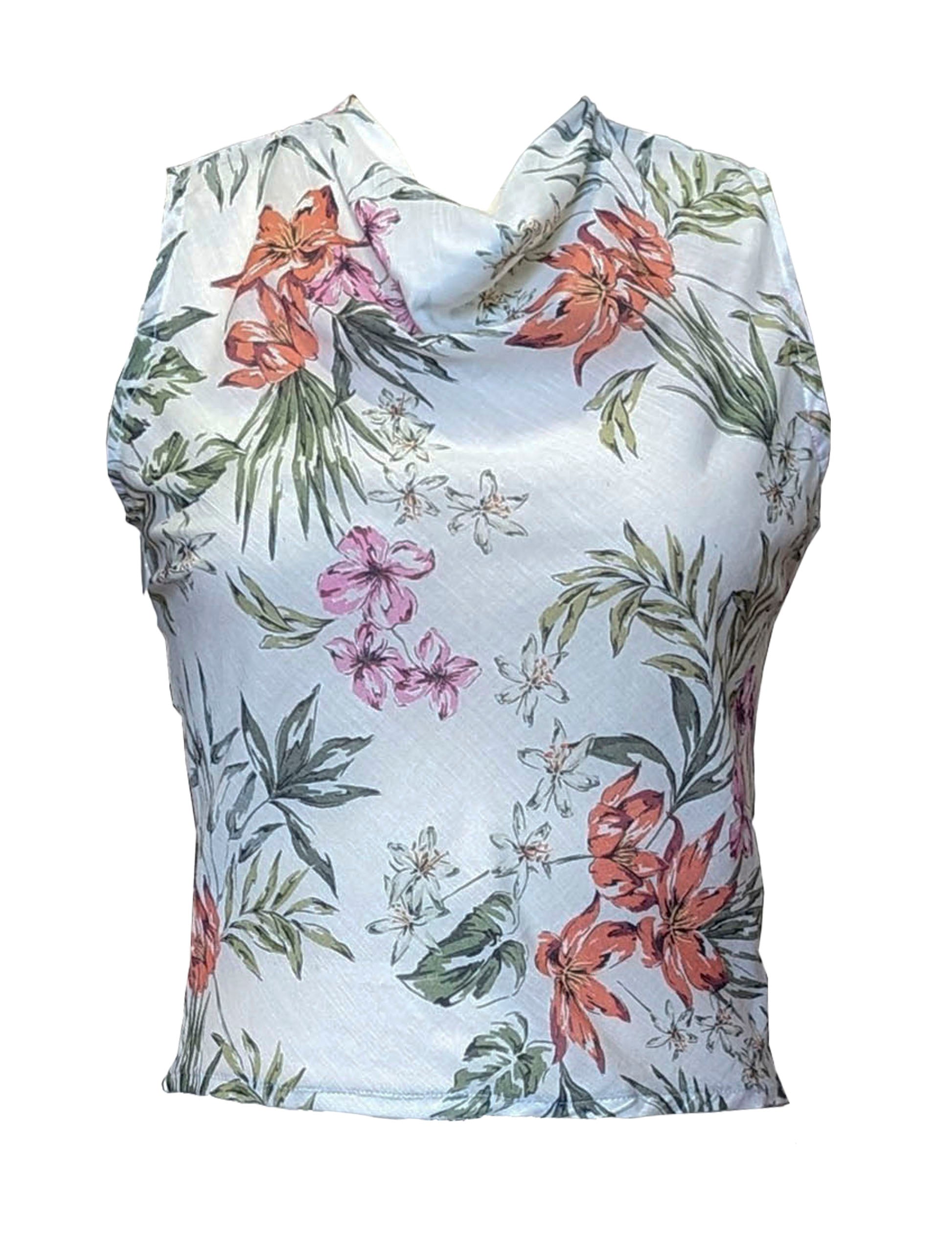 Front view of a floral-patterned sleeveless top and cowl neckline  on a white background