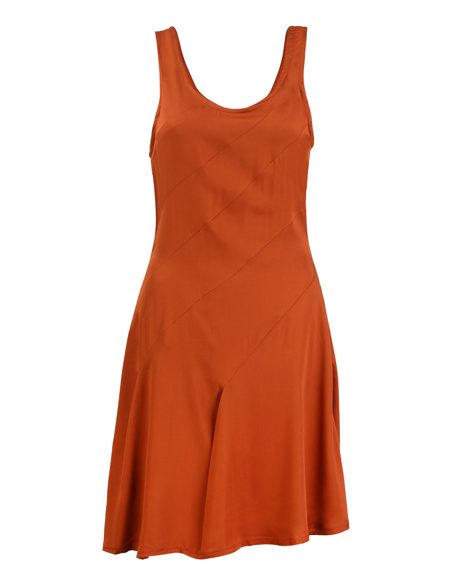An asymmetrical orange dress with a sleeveless design and flowy skirt, featuring an elastic waist and an invisible zipper at the center back.