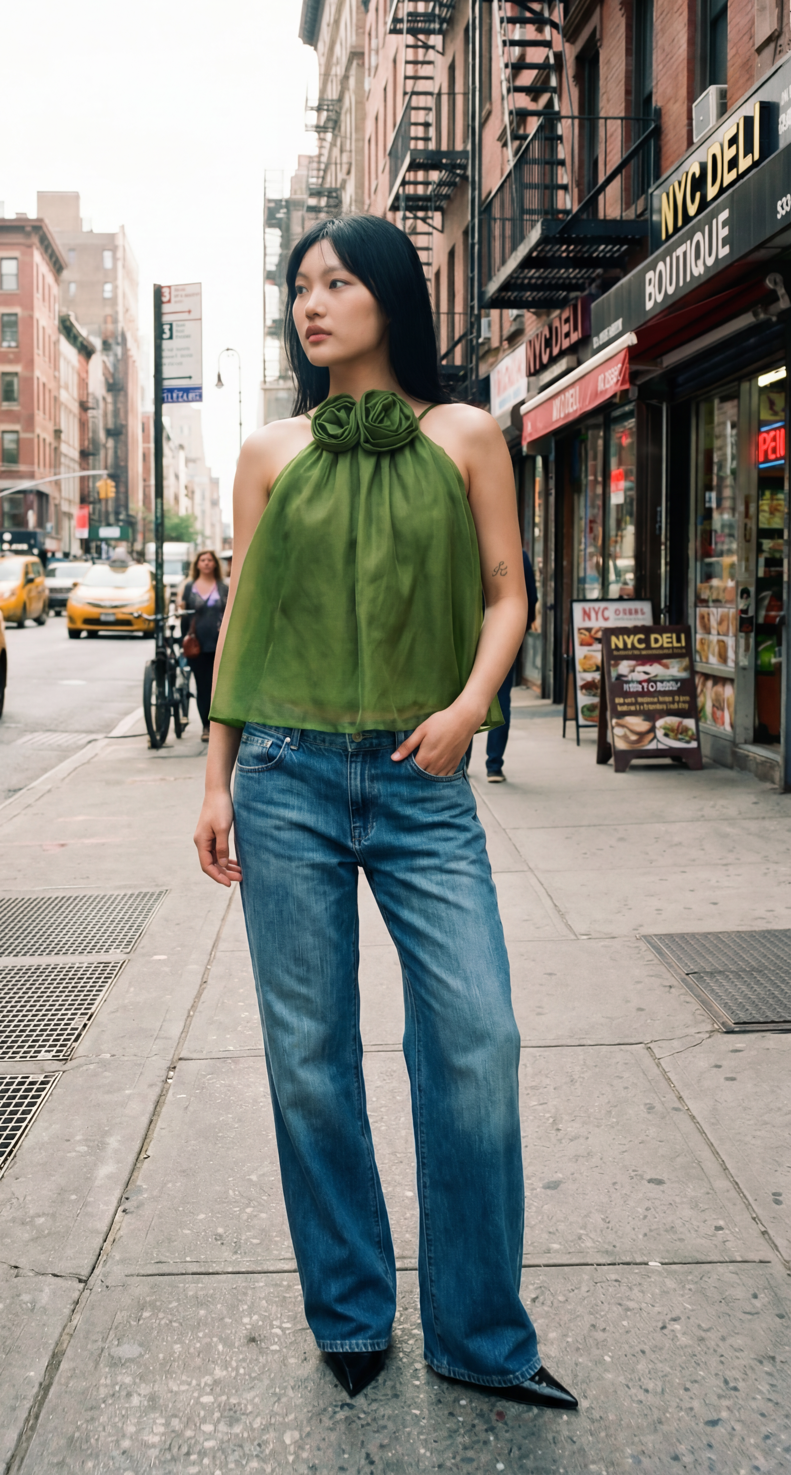 Woman in green top and blue jeans standing on a city street.