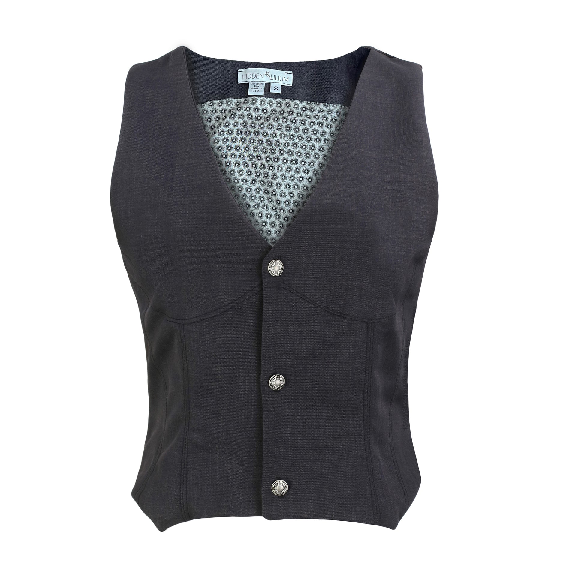 Grey corset vest with button-up front and elastic waist at the back, ghost image