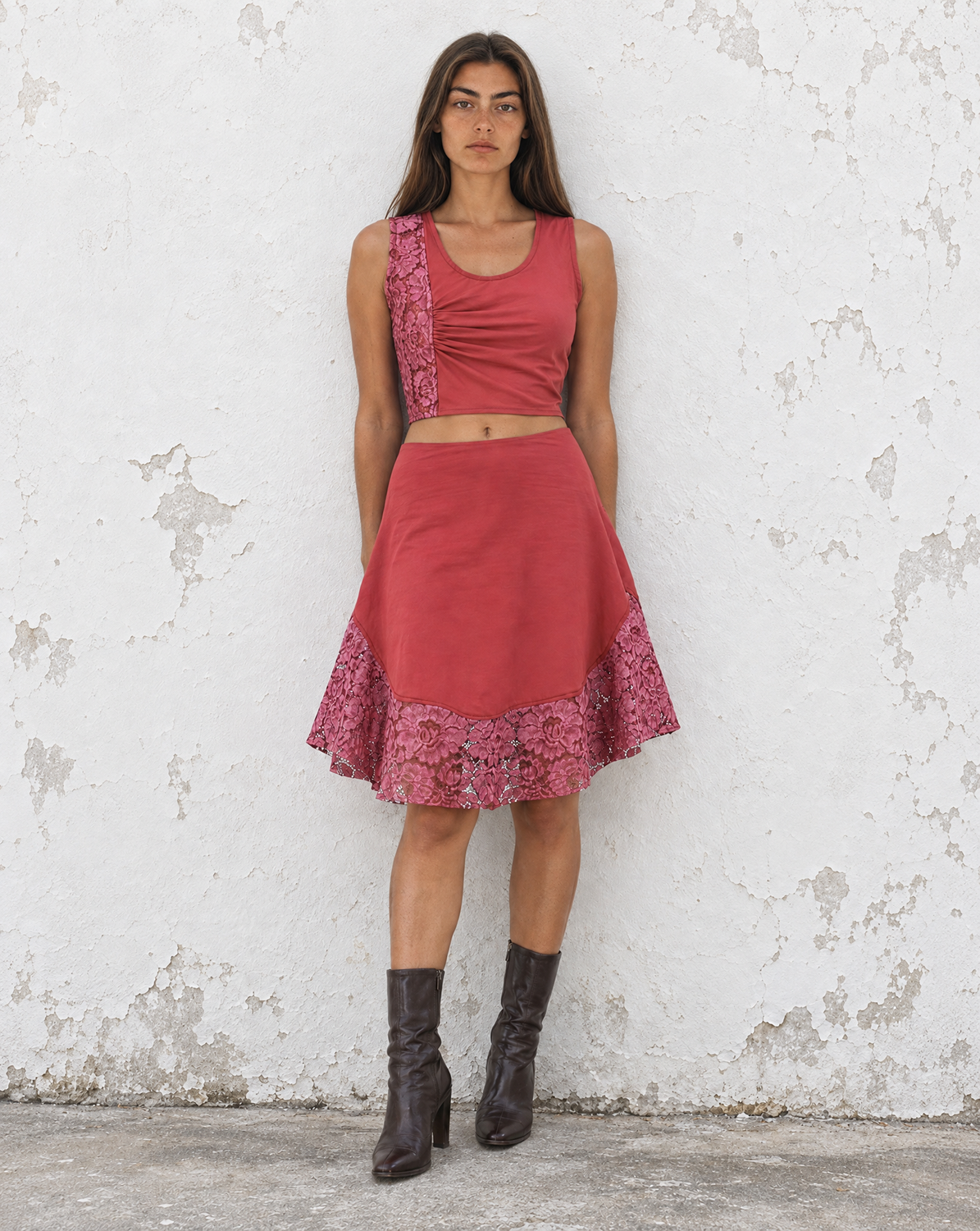 Red Field Flare Midi Skirt