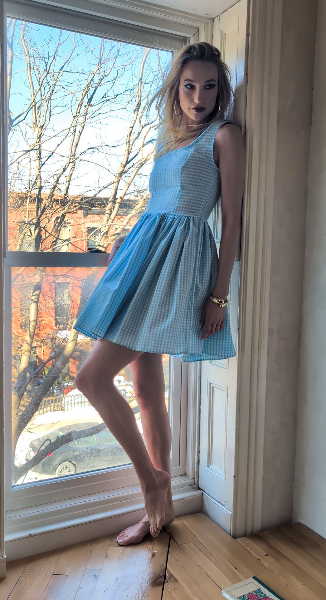 Woman in a blue gingham dress, standing by a window with a view of trees and buildings.