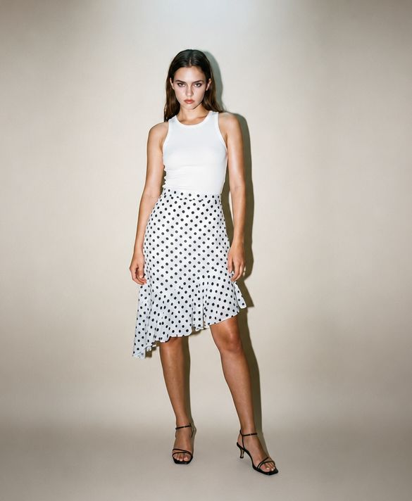 Woman wearing a white sleeveless top and asymmetrical polka dot skirt against a neutral background