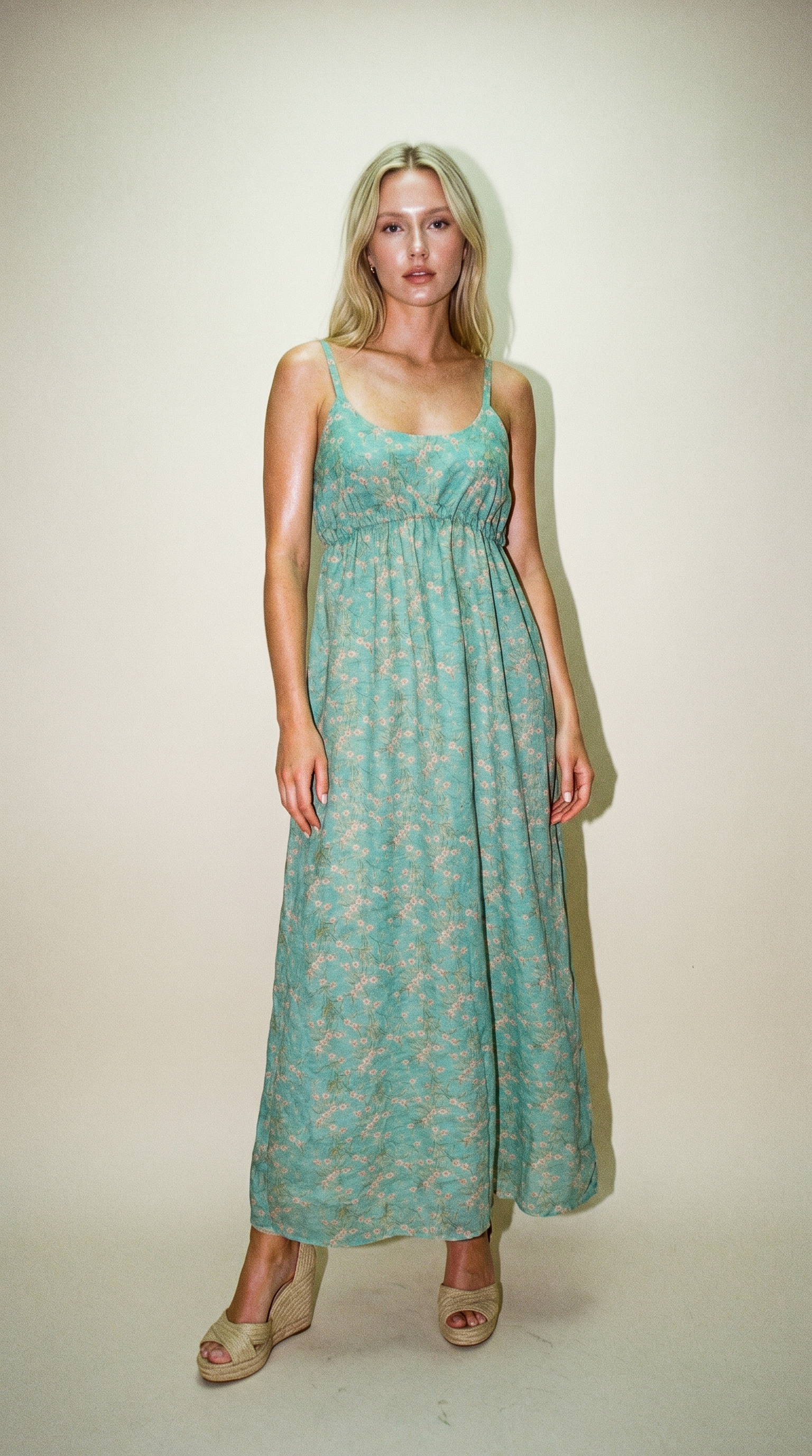 Woman wearing an aqua floral dress against a plain background