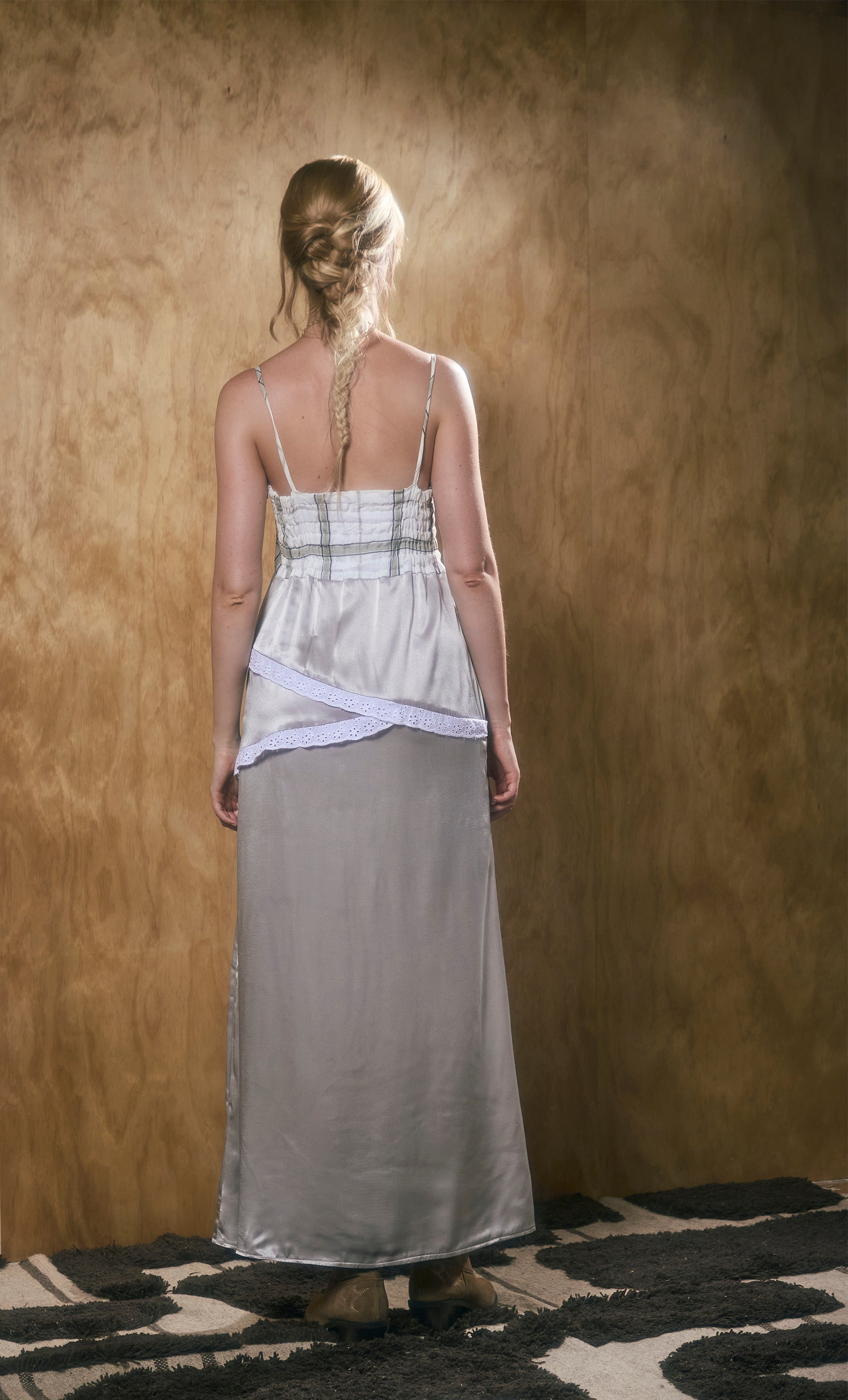 silver maxi satin dress back on model 