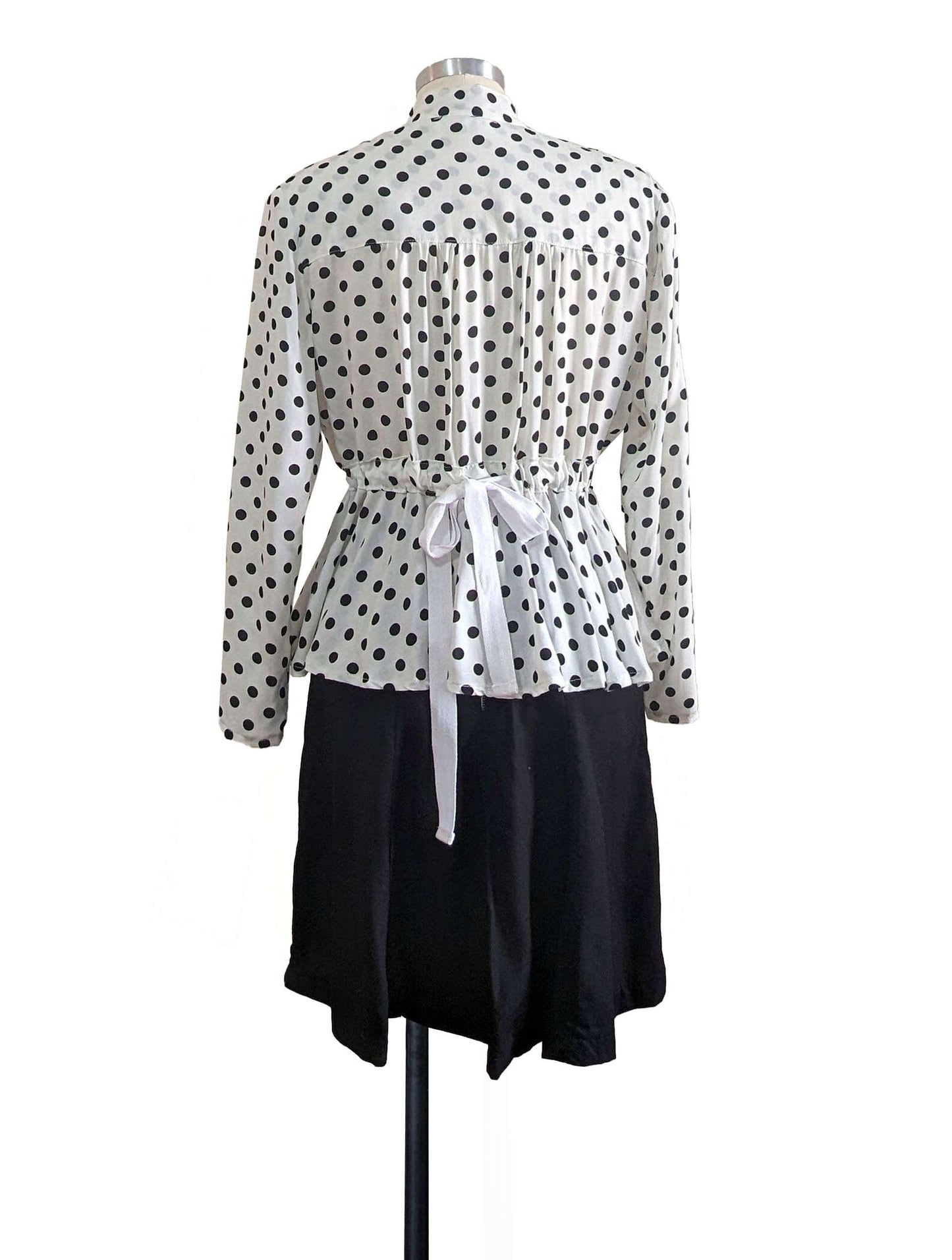 black and white polka dots deep v-neck long sleeve blouse back