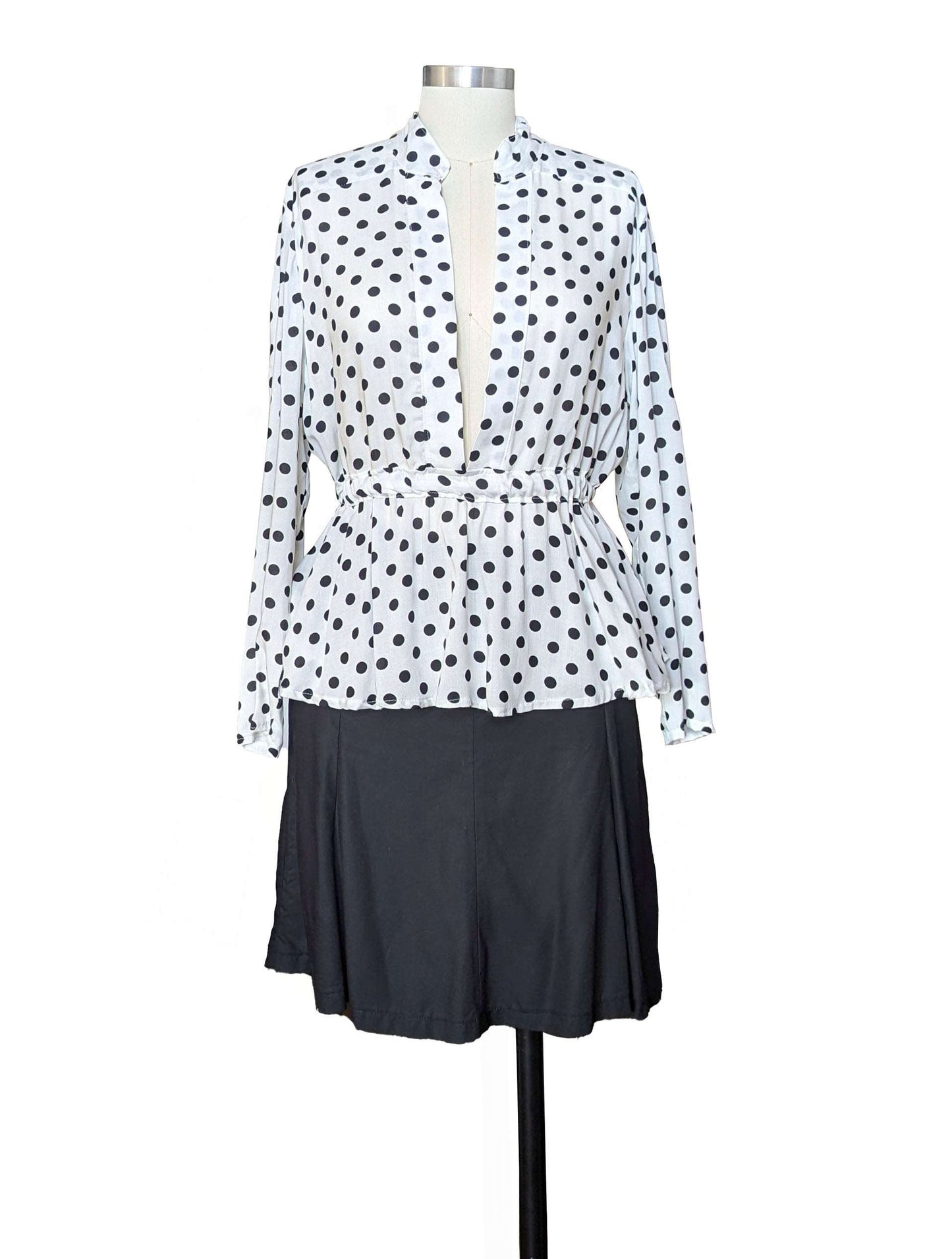 black and white polka dots deep v-neck long sleeve blouse front 