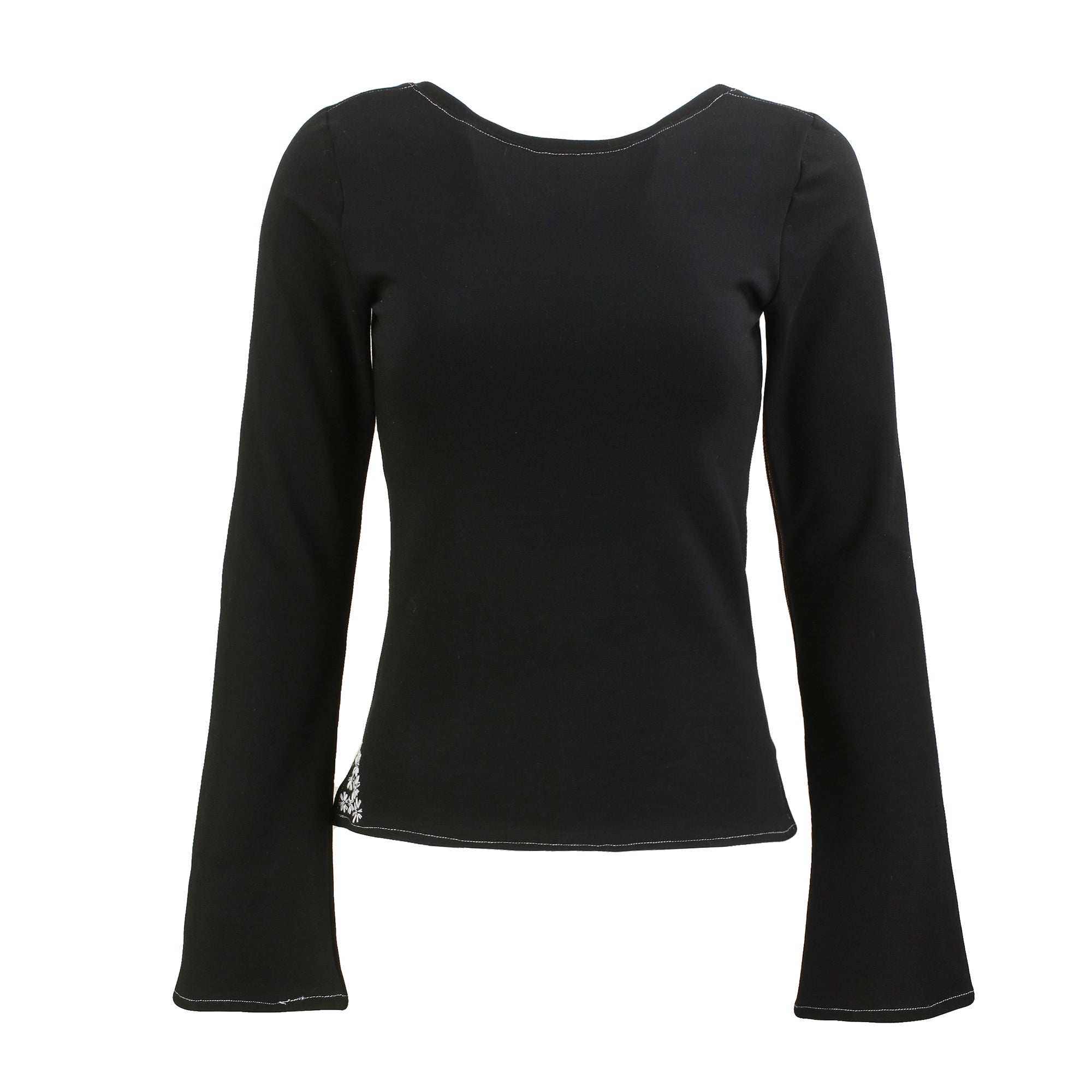 back view of the aster black top with contrast stitching and embroidery at hem 