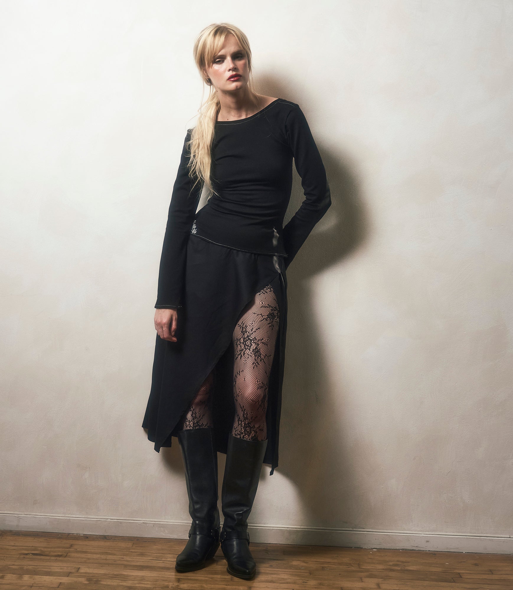 Black aster long flare sleeve on model 