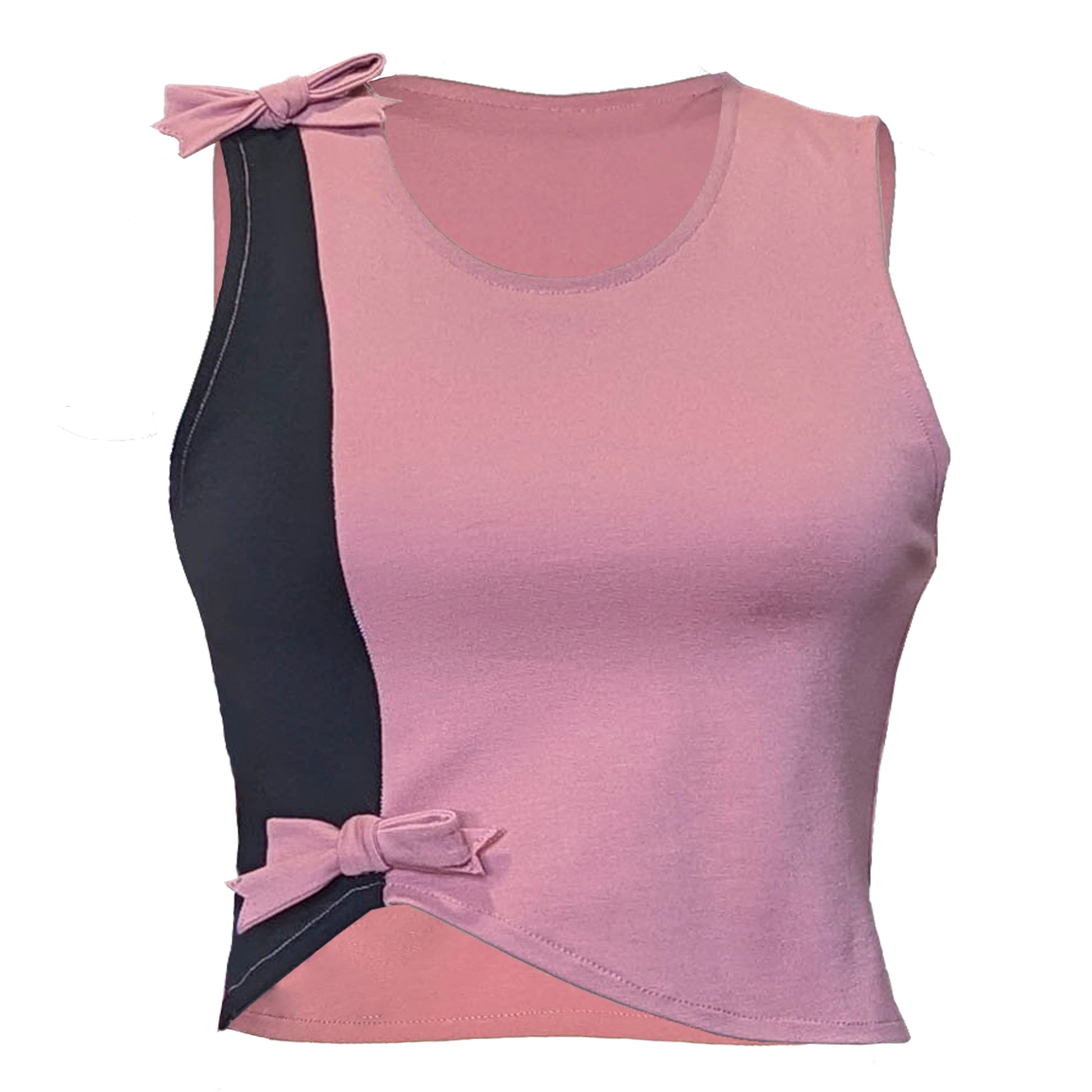 A pink and black Cindy Bow Tank Top with bow details on the front and a two-tone design.