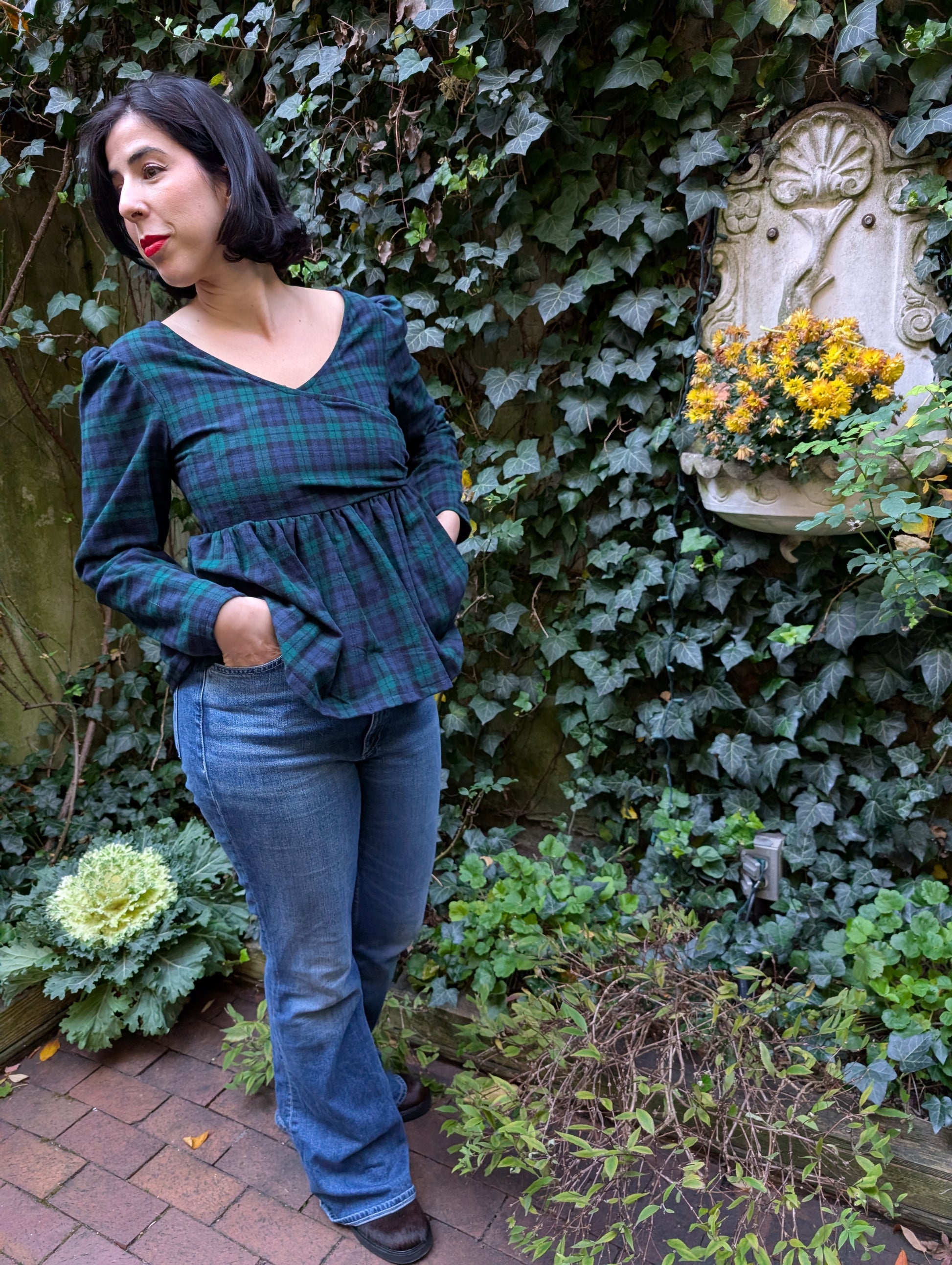 navy green flannel shirt on women body with jeans 