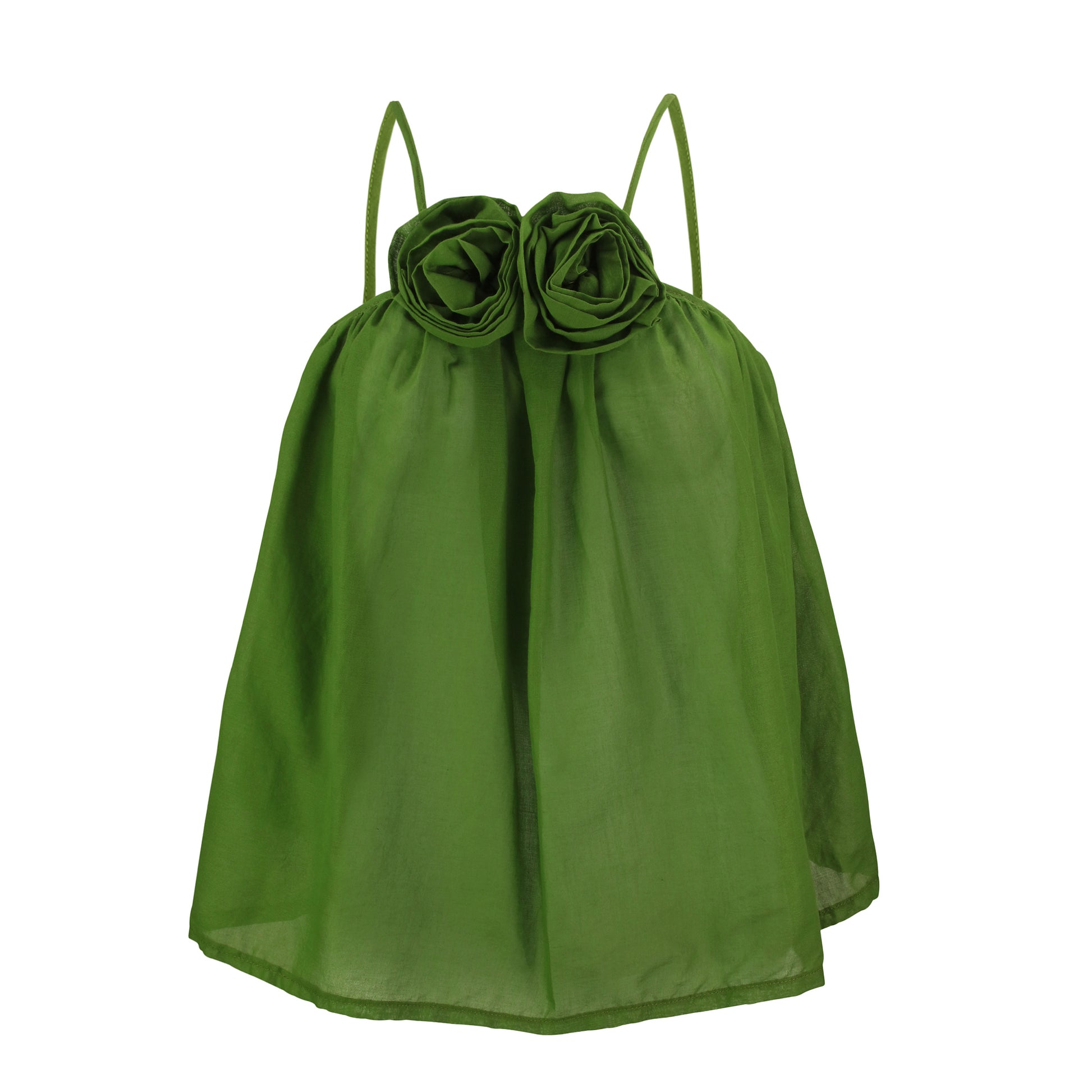 A green flora flowy tank top with a rosettes design at the front and neckline.