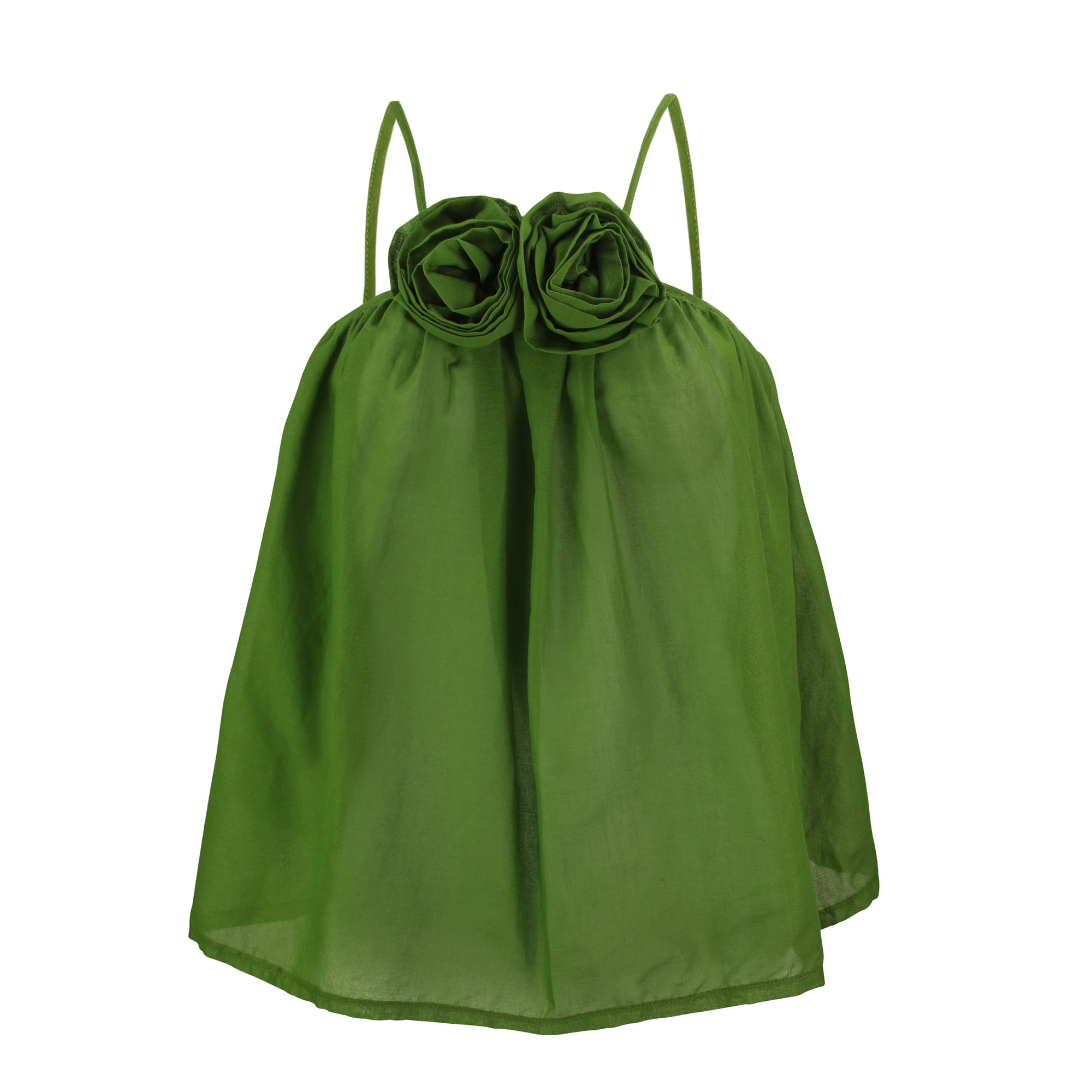 A green flora flowy tank top with a rosettes design at the front and neckline.