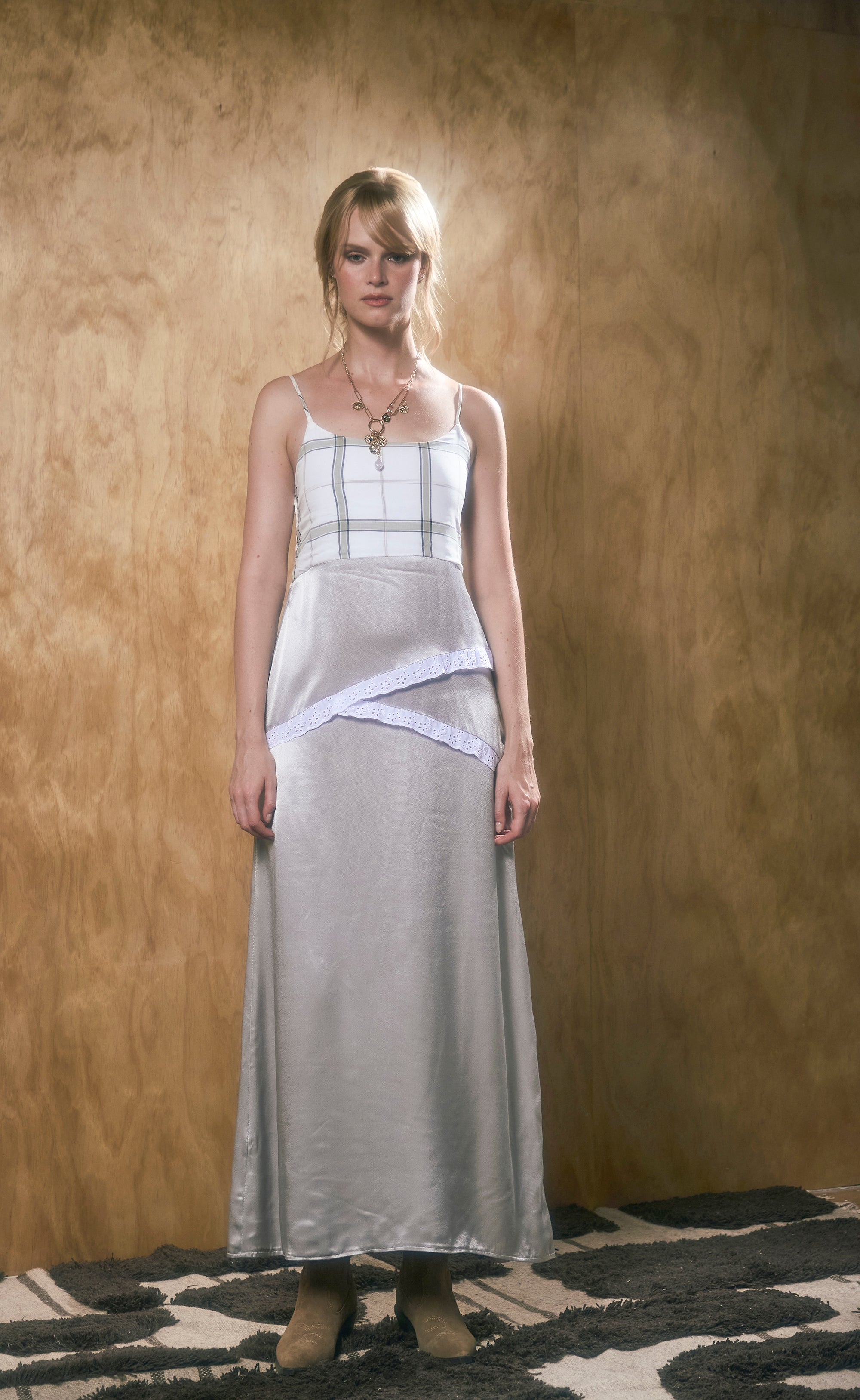 silver maxi satin dress front on model 