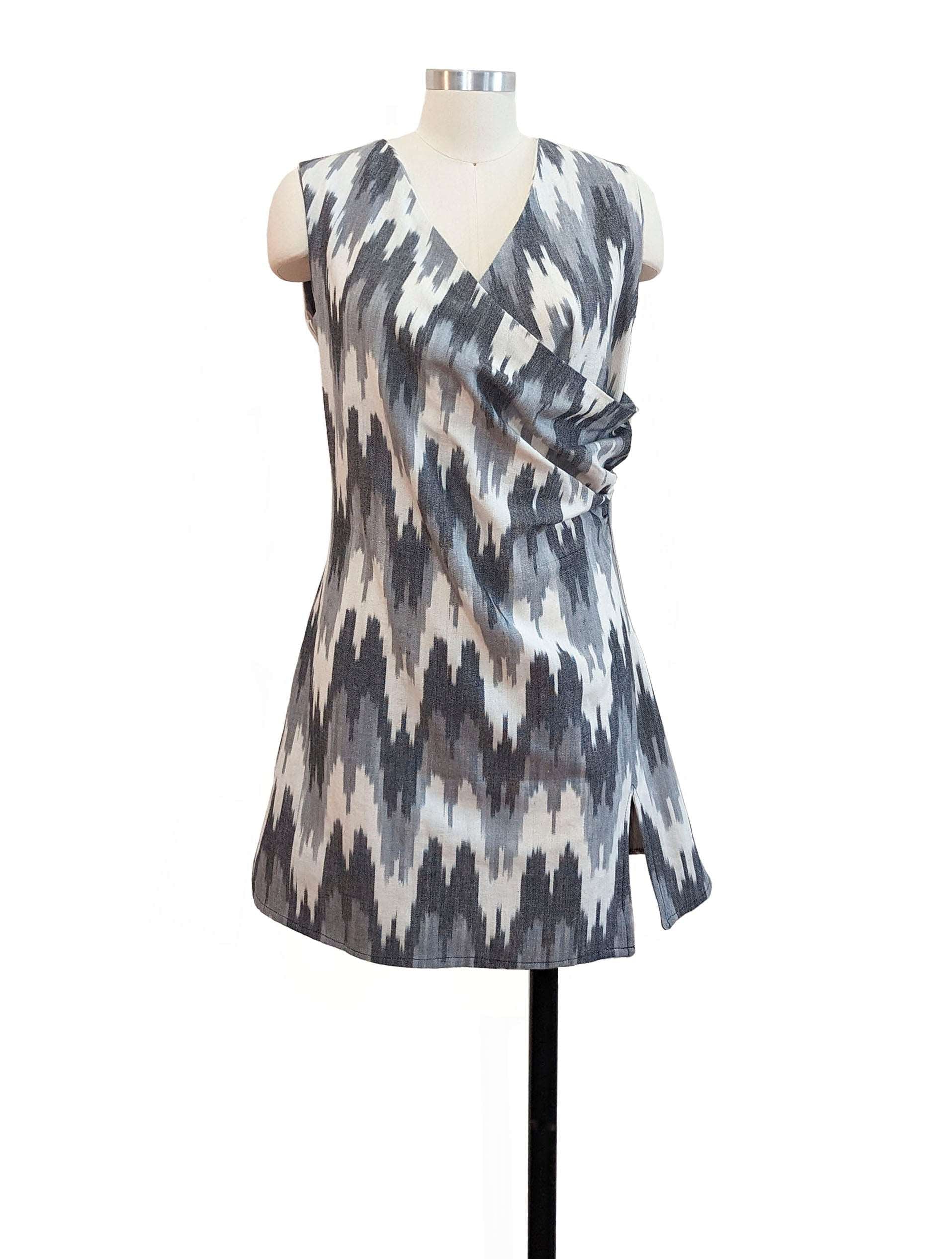 grey zig zag print faux wrap dress front