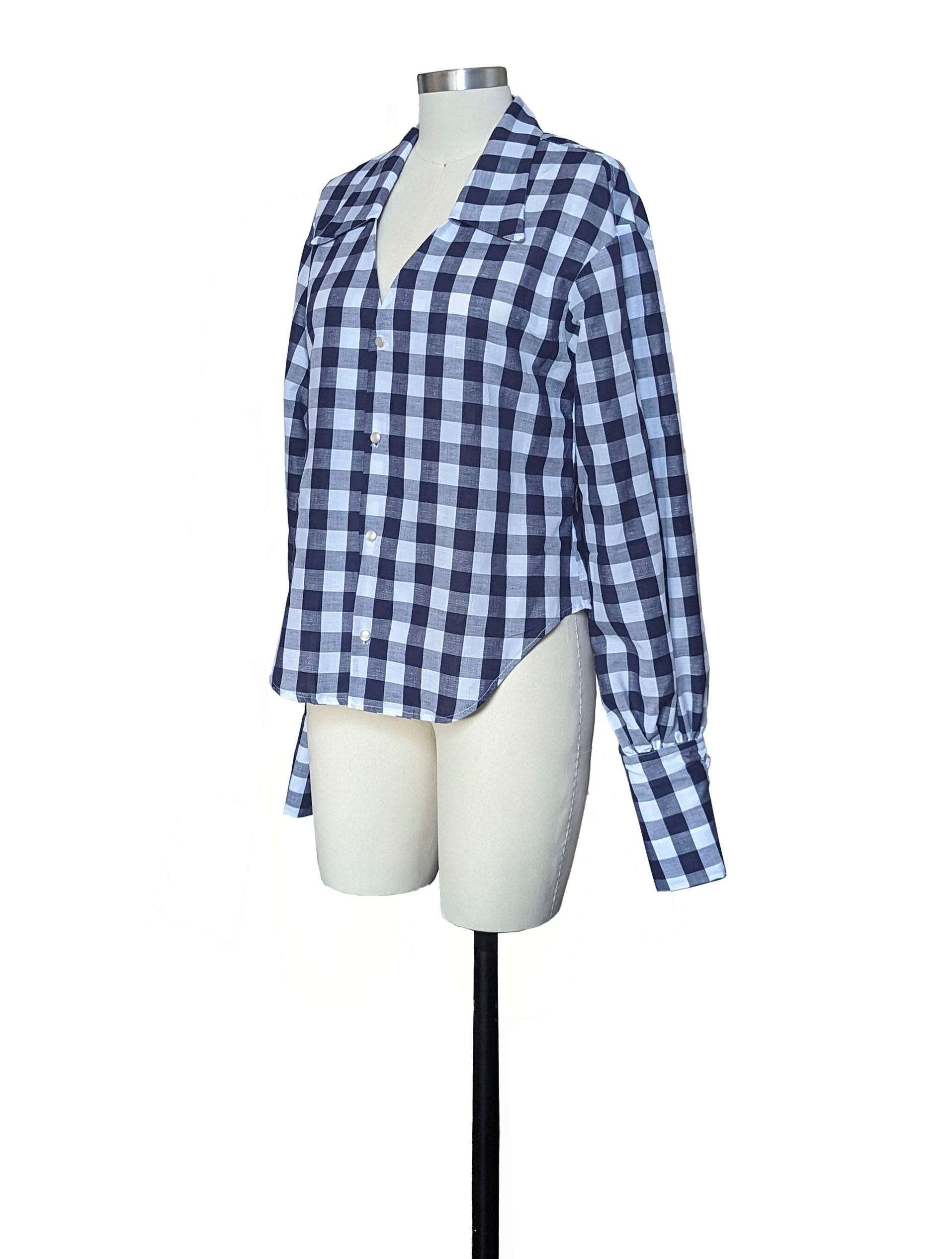 Heidi vintage button down long sleeve shirt white navy plaids side