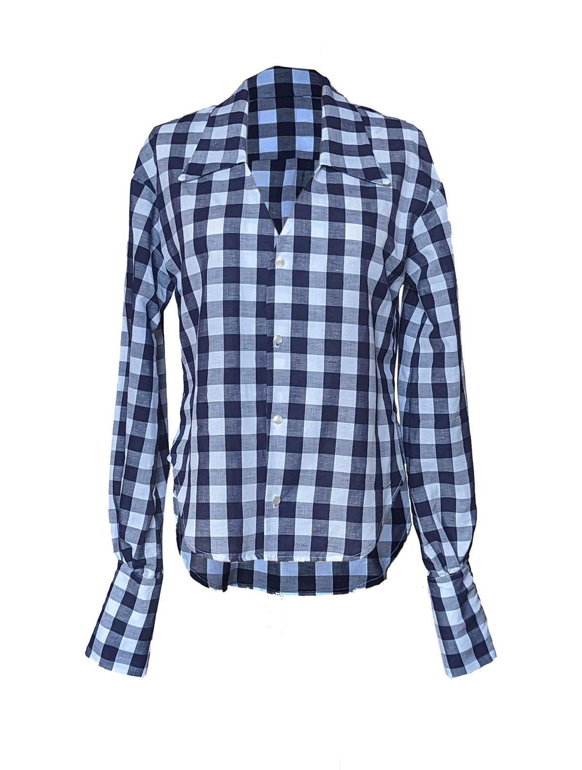 A long-sleeve button-up shirt with a blue and white gingham plaid pattern, displayed on a clean white background.