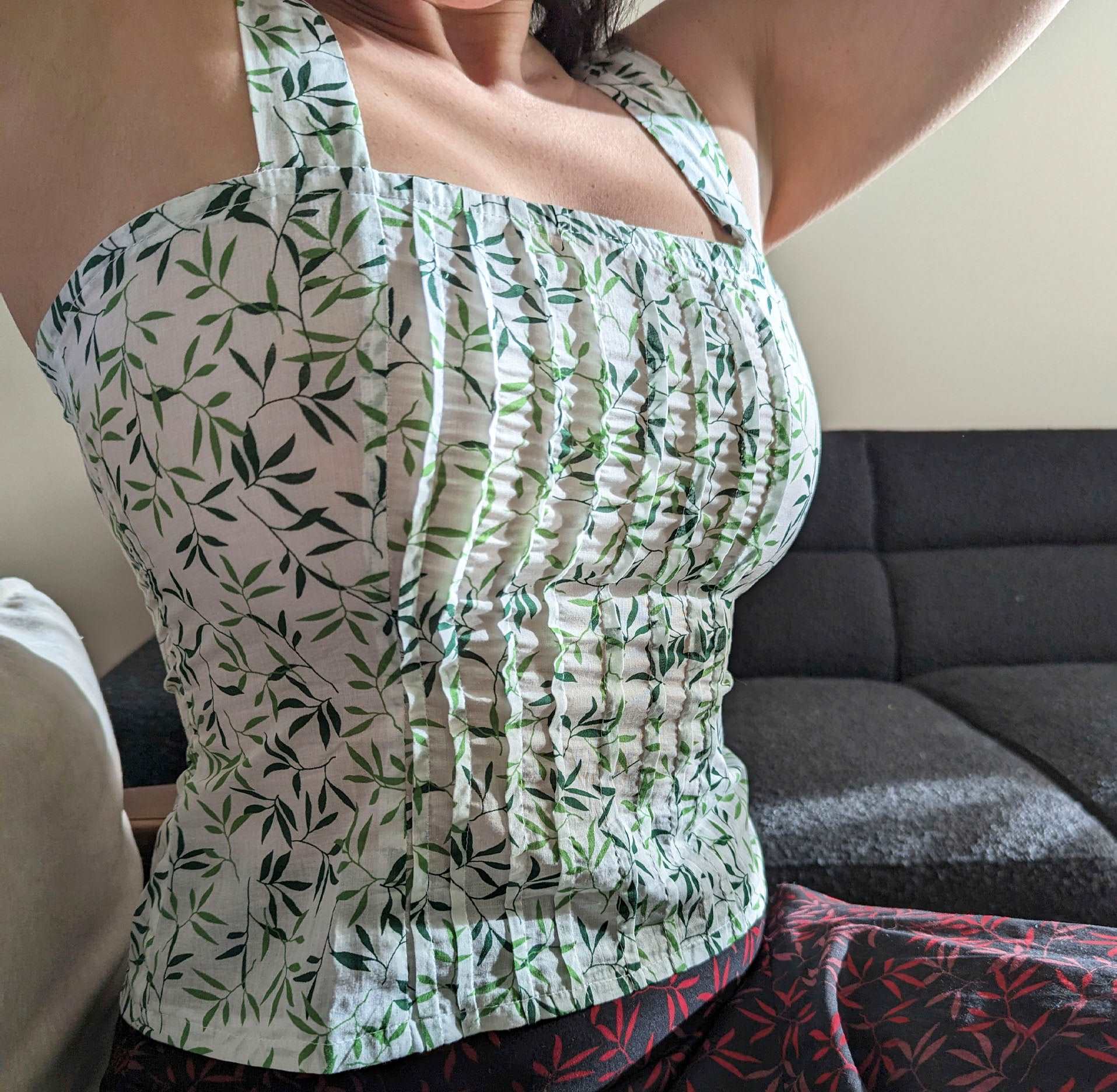 On Body front green leaves corset tank top  