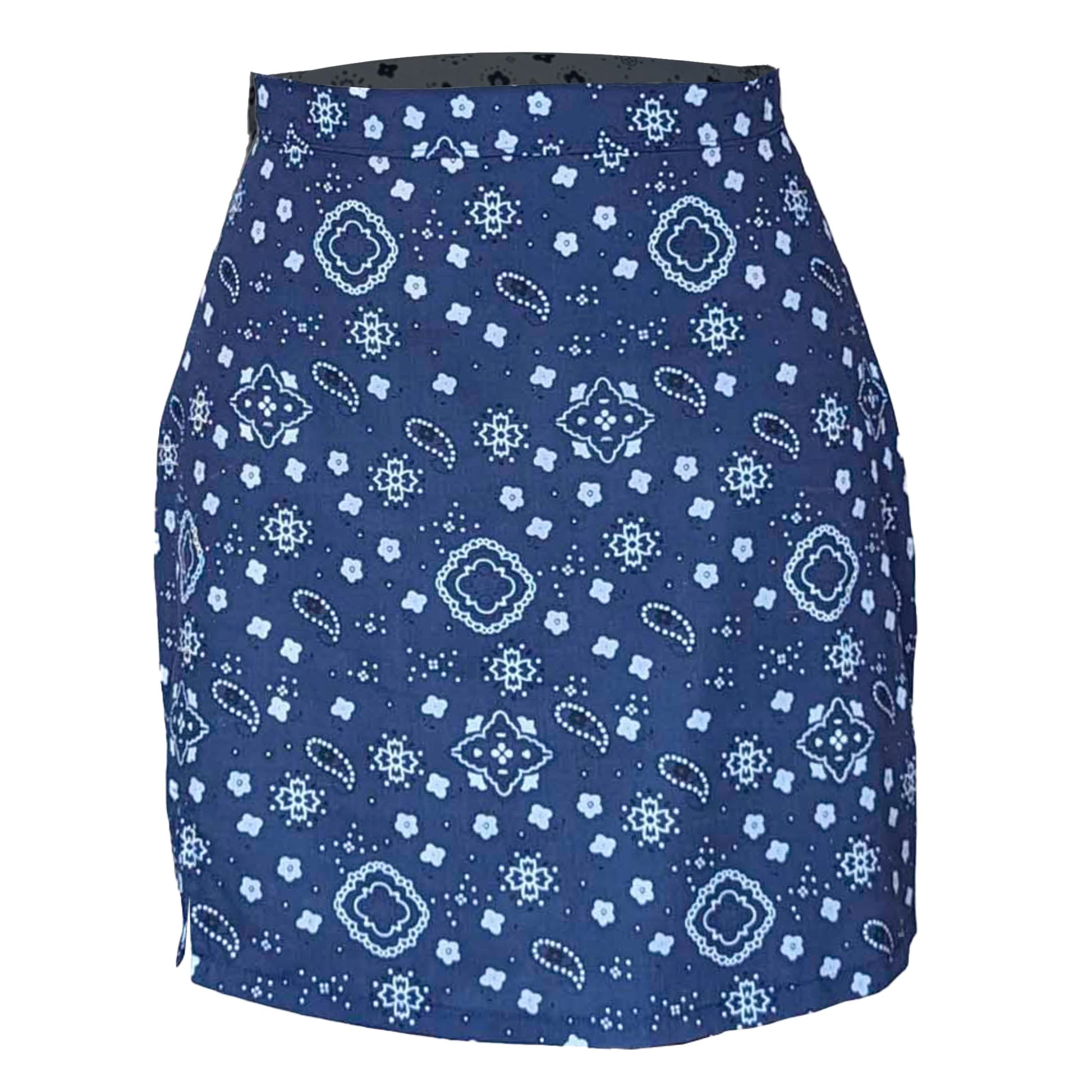 A navy blue pencil mini skirt with a bandana print.