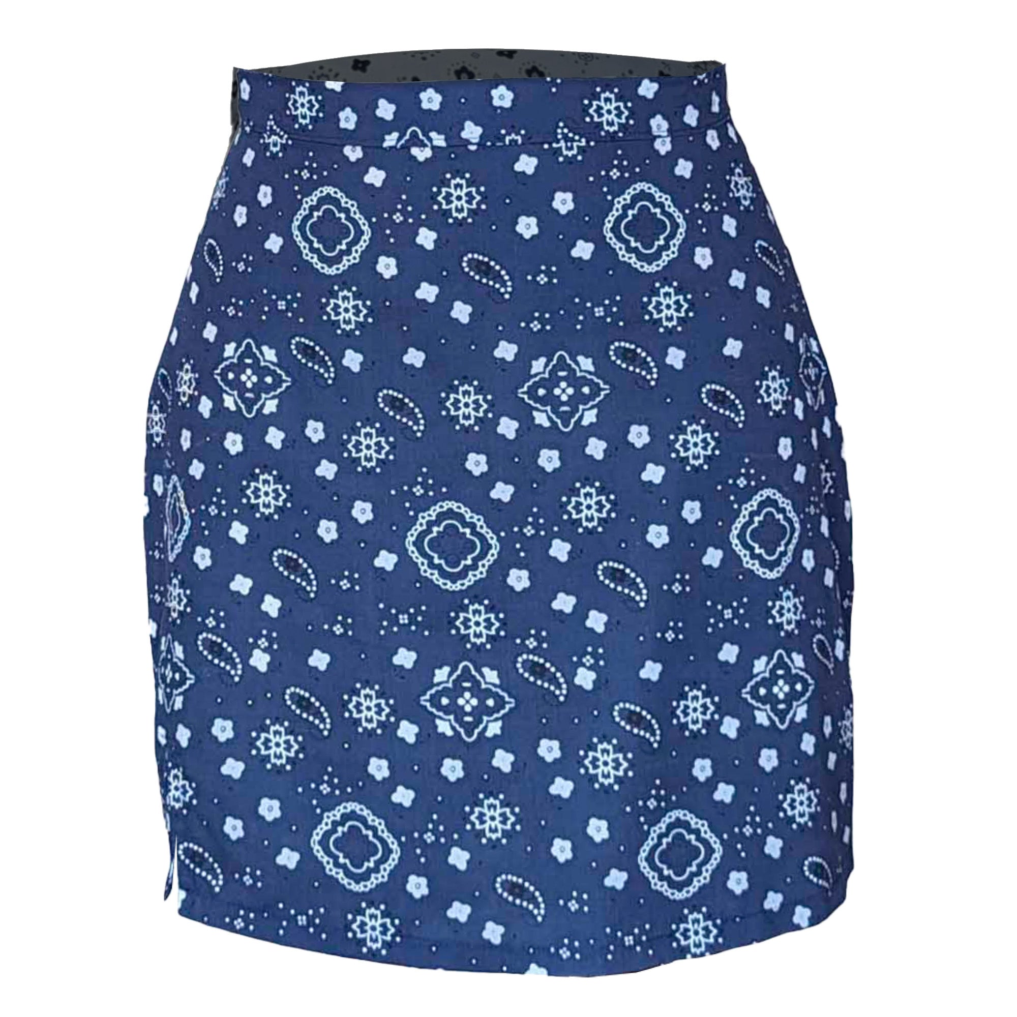 A navy blue pencil mini skirt with a bandana print.