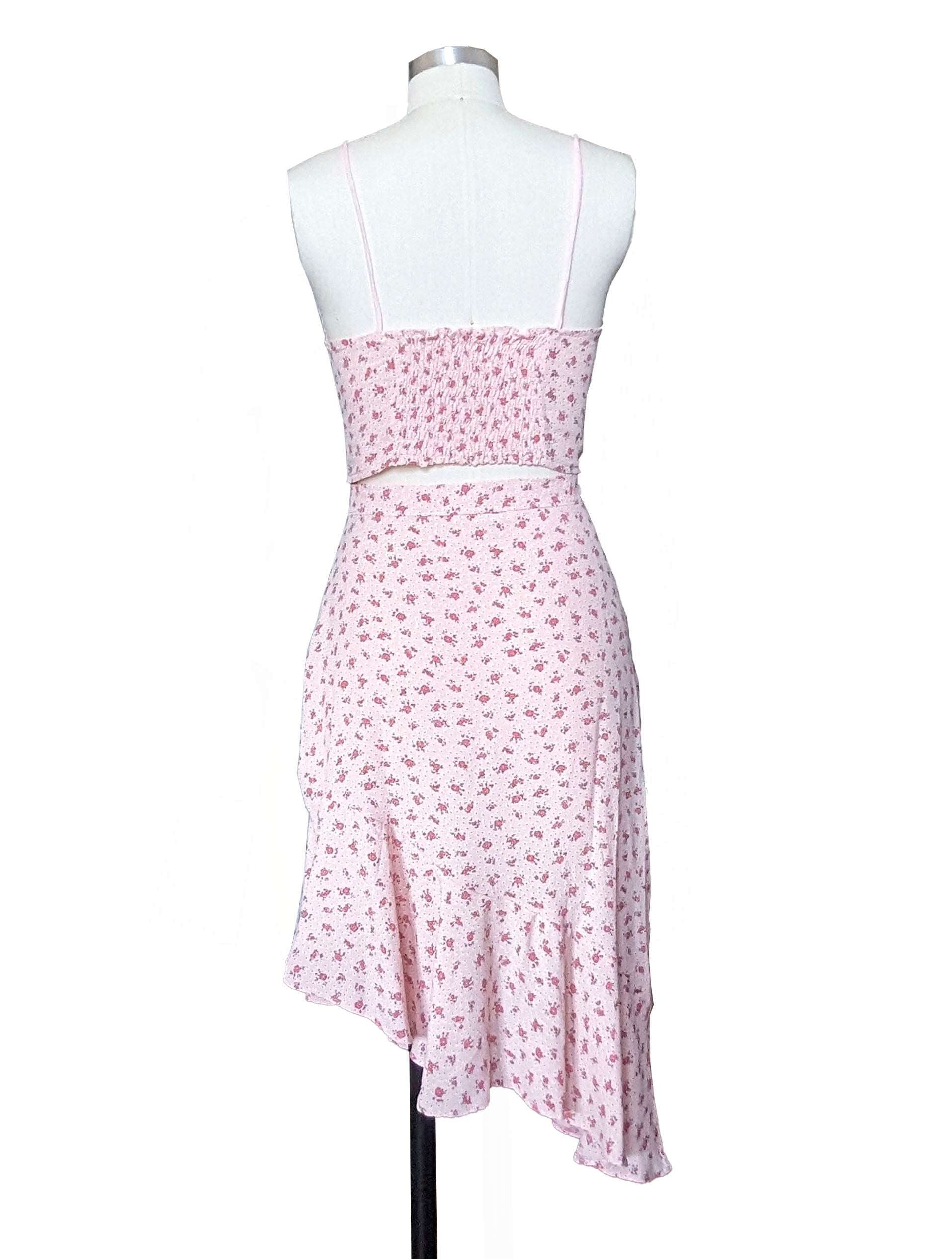 floral pink asymmetrical skirt with the rose crop tank top back