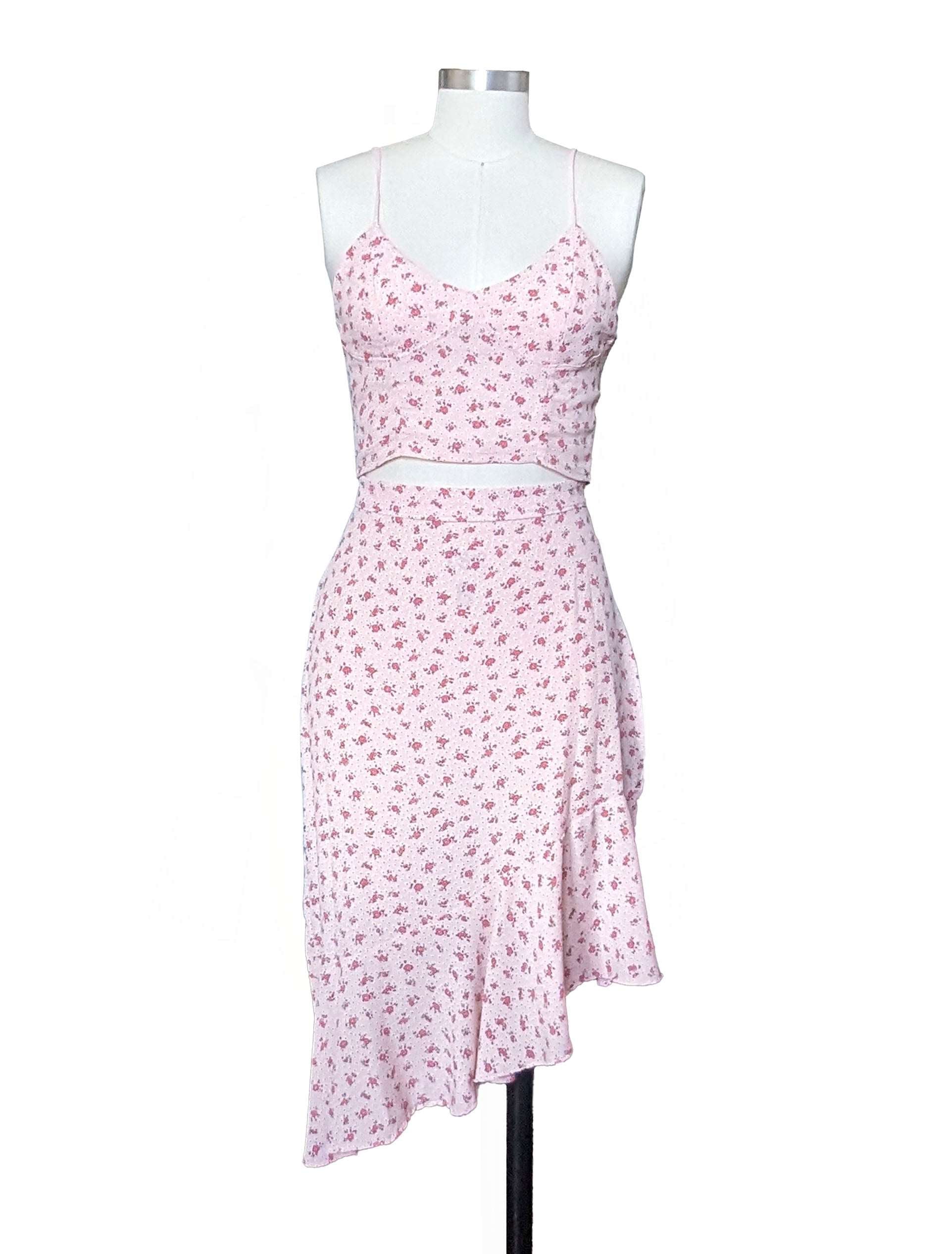 floral pink asymmetrical skirt with the rose crop tank top front 