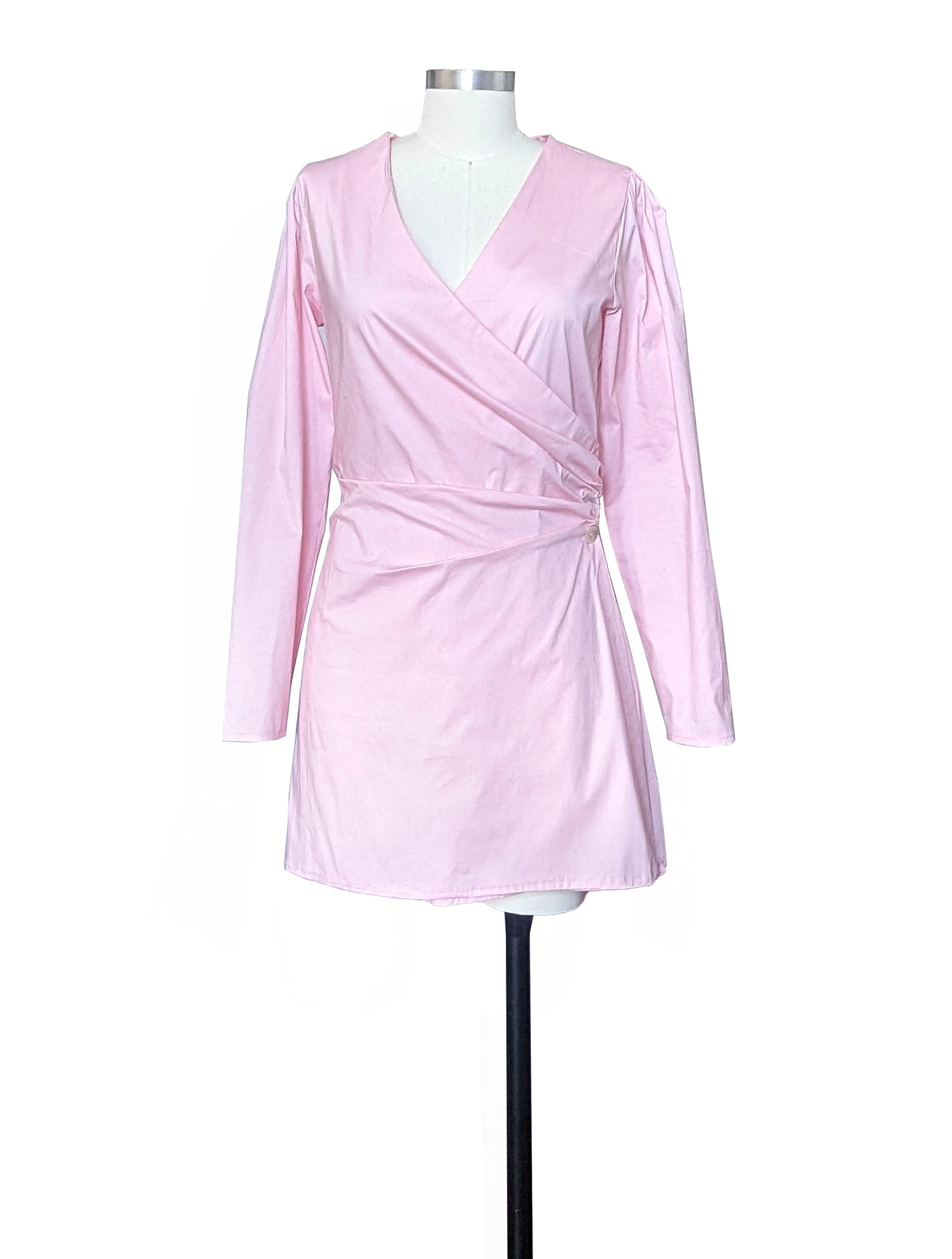 pink long sleeve wrap mini dress front 