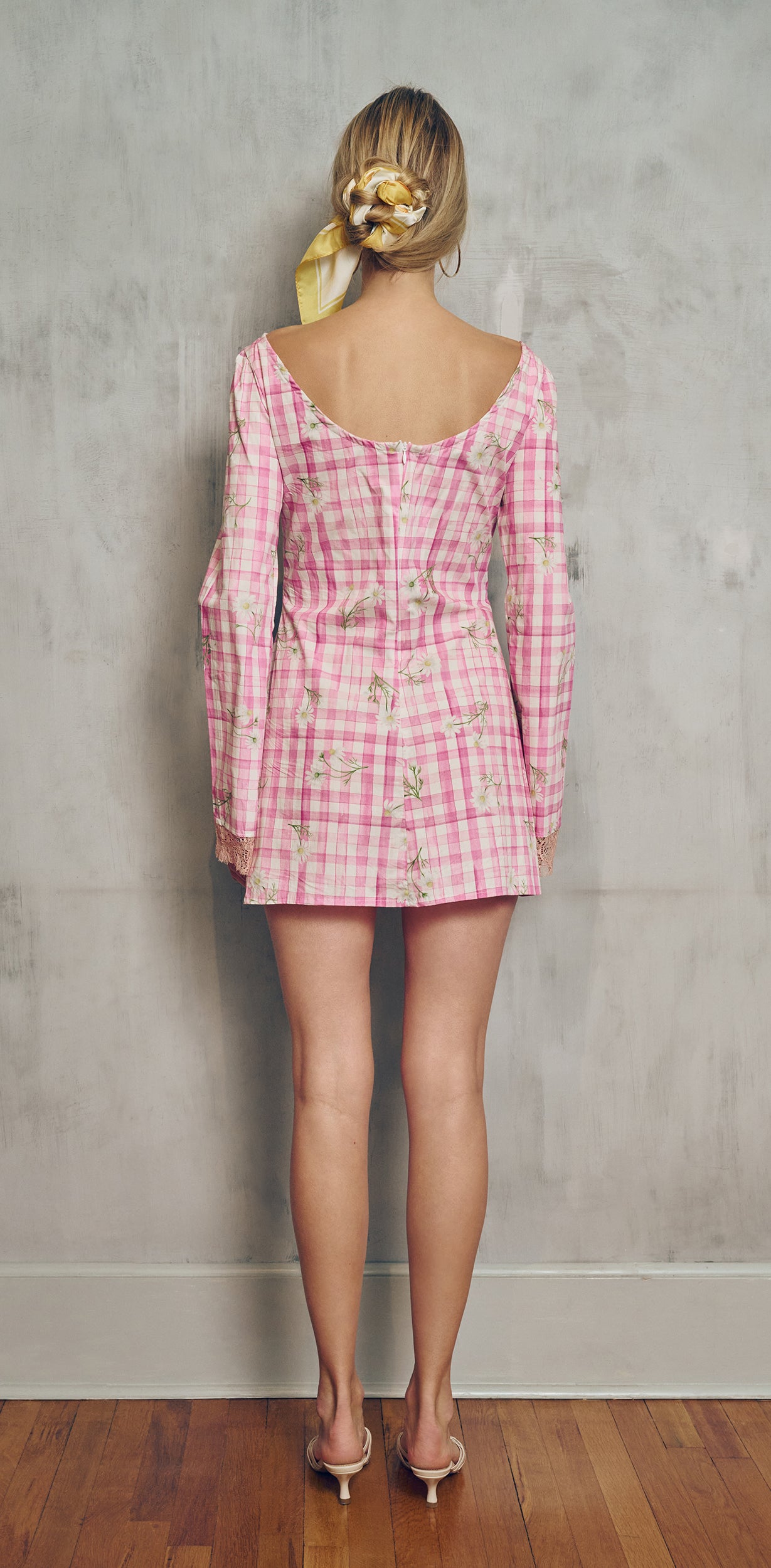 Pearl Pink Gingham Mini Dress – Romantic A-Line Dress with Lace Cuffs
