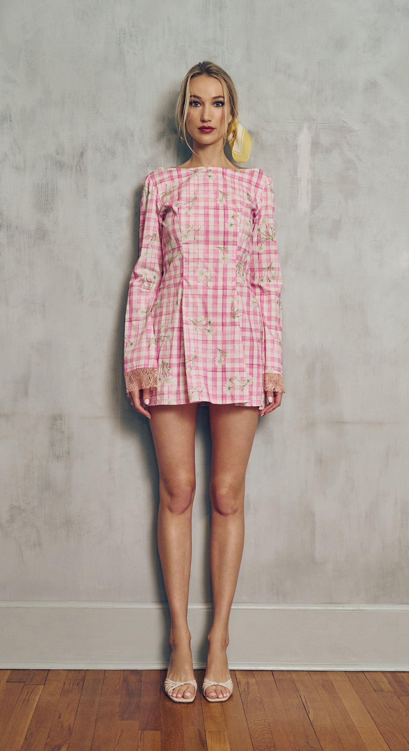 Pearl Pink Gingham Mini Dress – Romantic A-Line Dress with Lace Cuffs