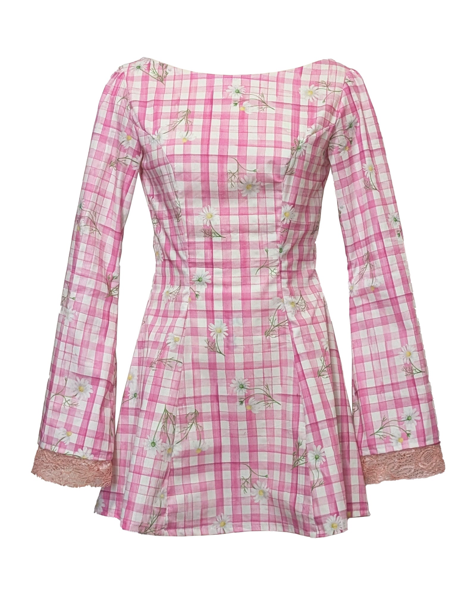 Pearl Pink Gingham Mini Dress – Romantic A-Line Dress with Lace Cuffs
