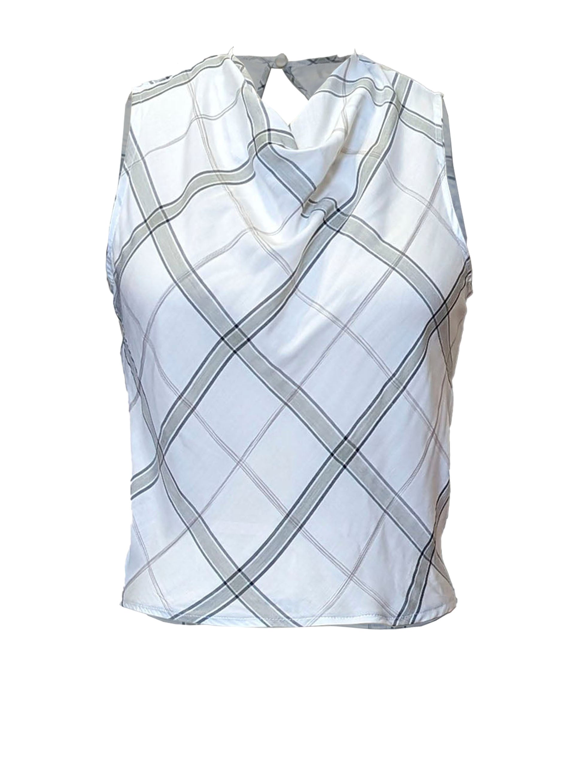 Front view white sleeveless tank top with a cowl neckline and a plaid print