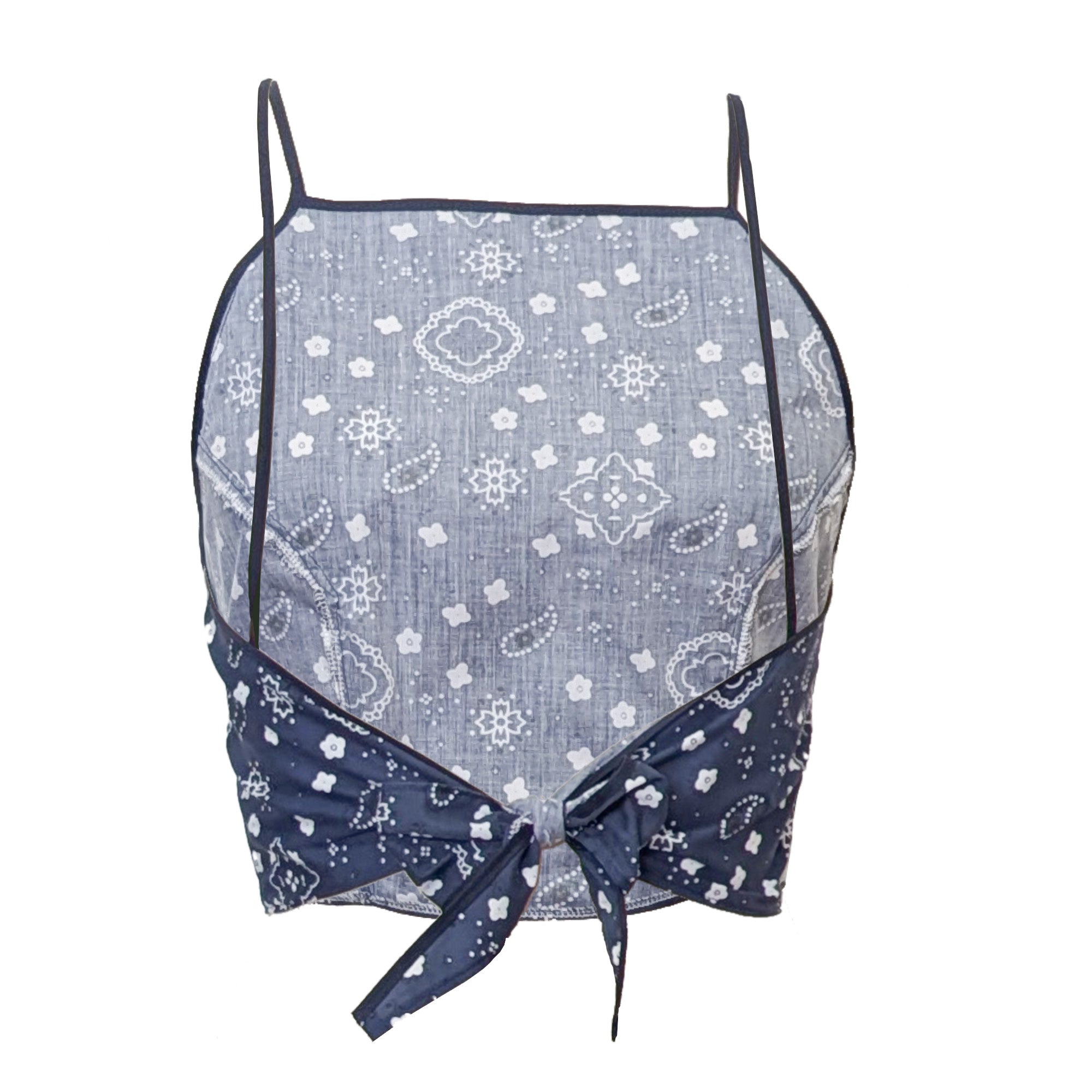 Navy blue crop top with white bandana paisley pattern and open back with tie at waist on a white background