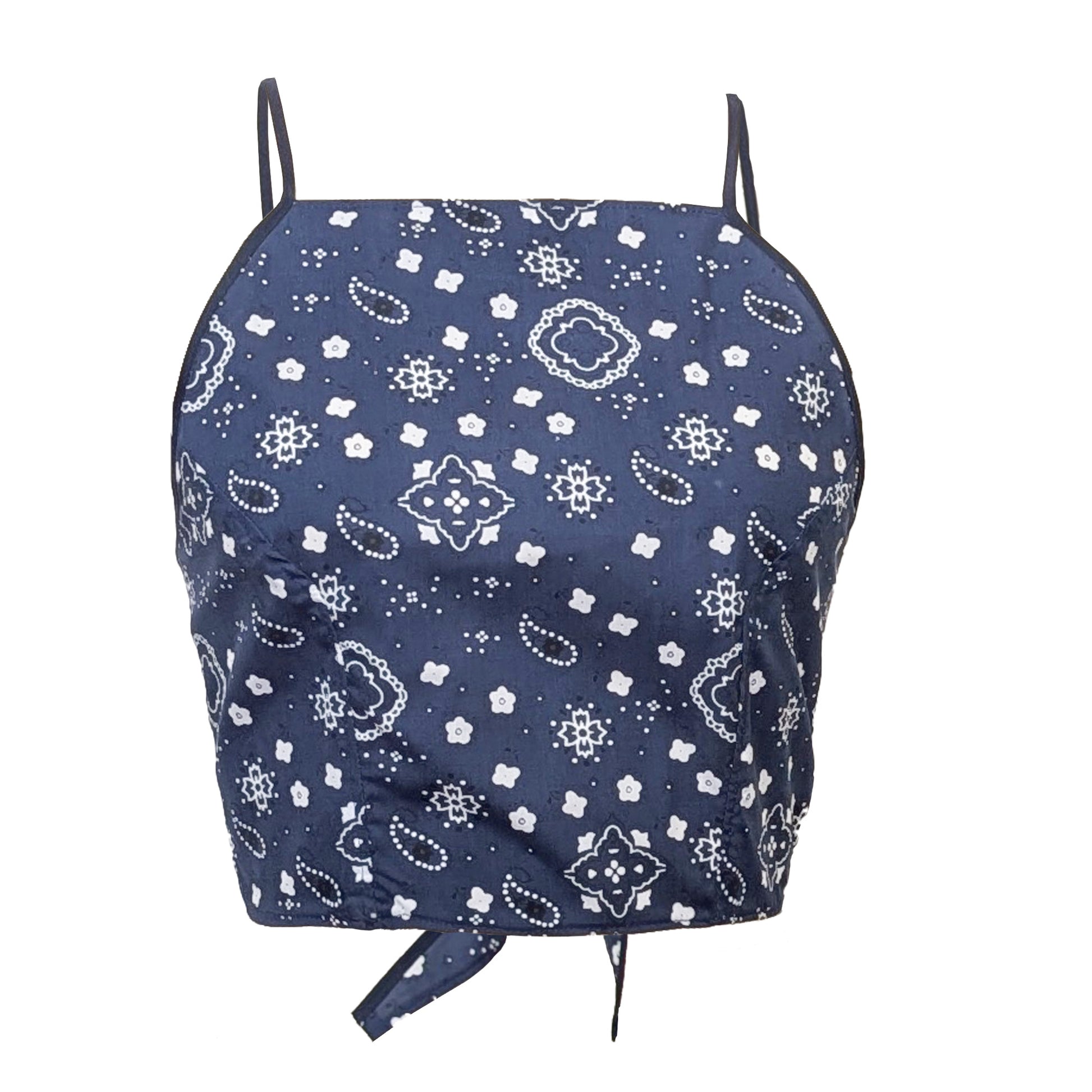 Navy blue crop top with white bandana paisley pattern on a white background