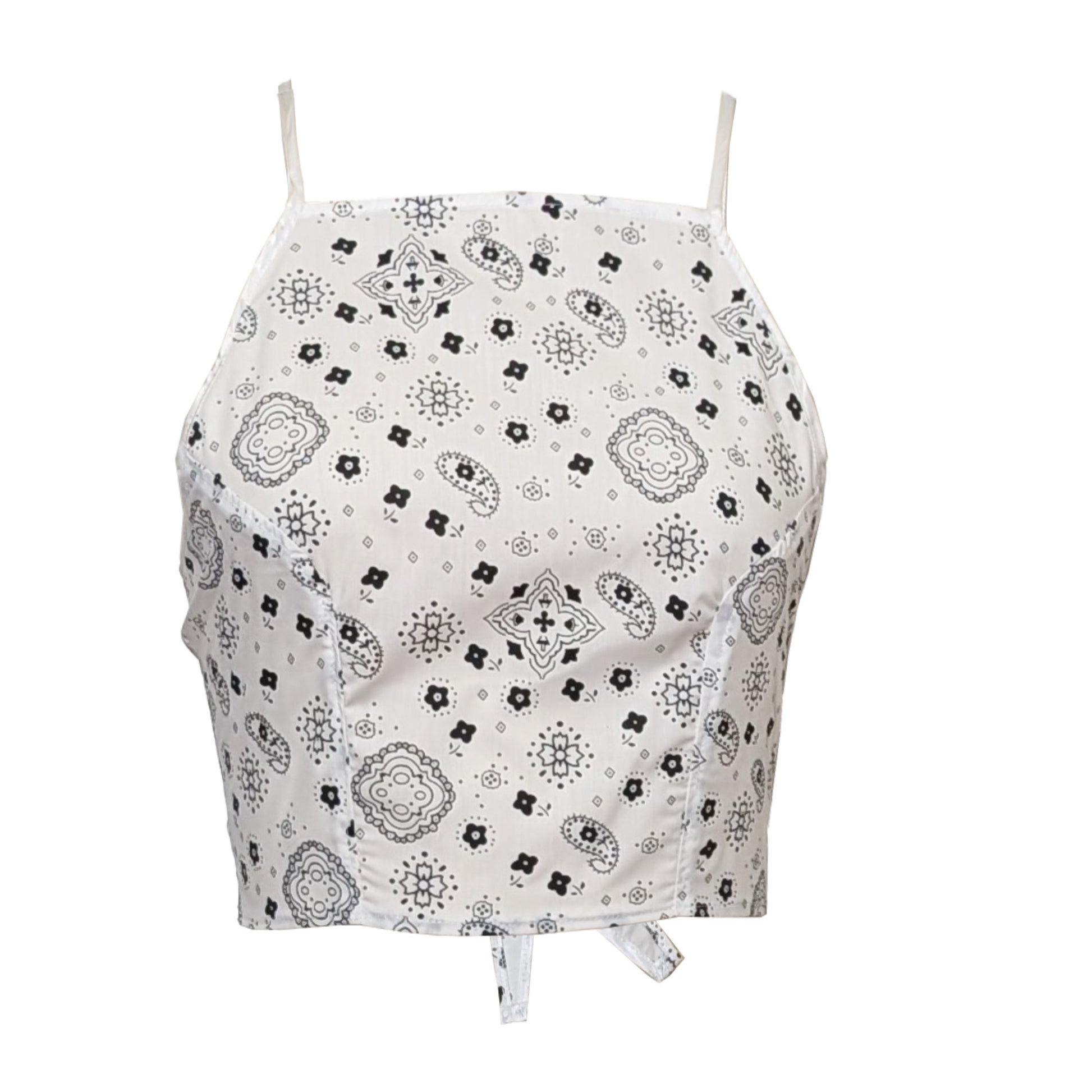 A white bandana tie top with a geometric pattern, featuring thin straps and a high neckline.