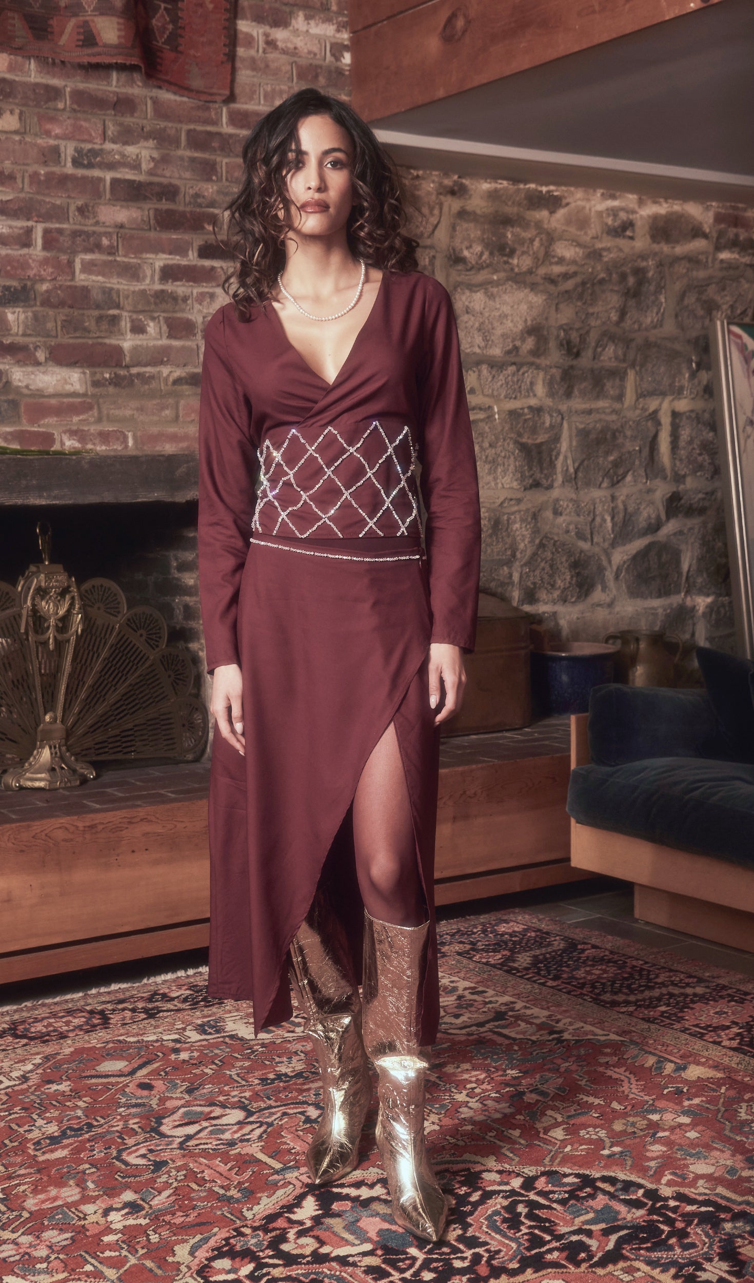 Wine Burgundy Sparkle Midi Skirt with a Slit